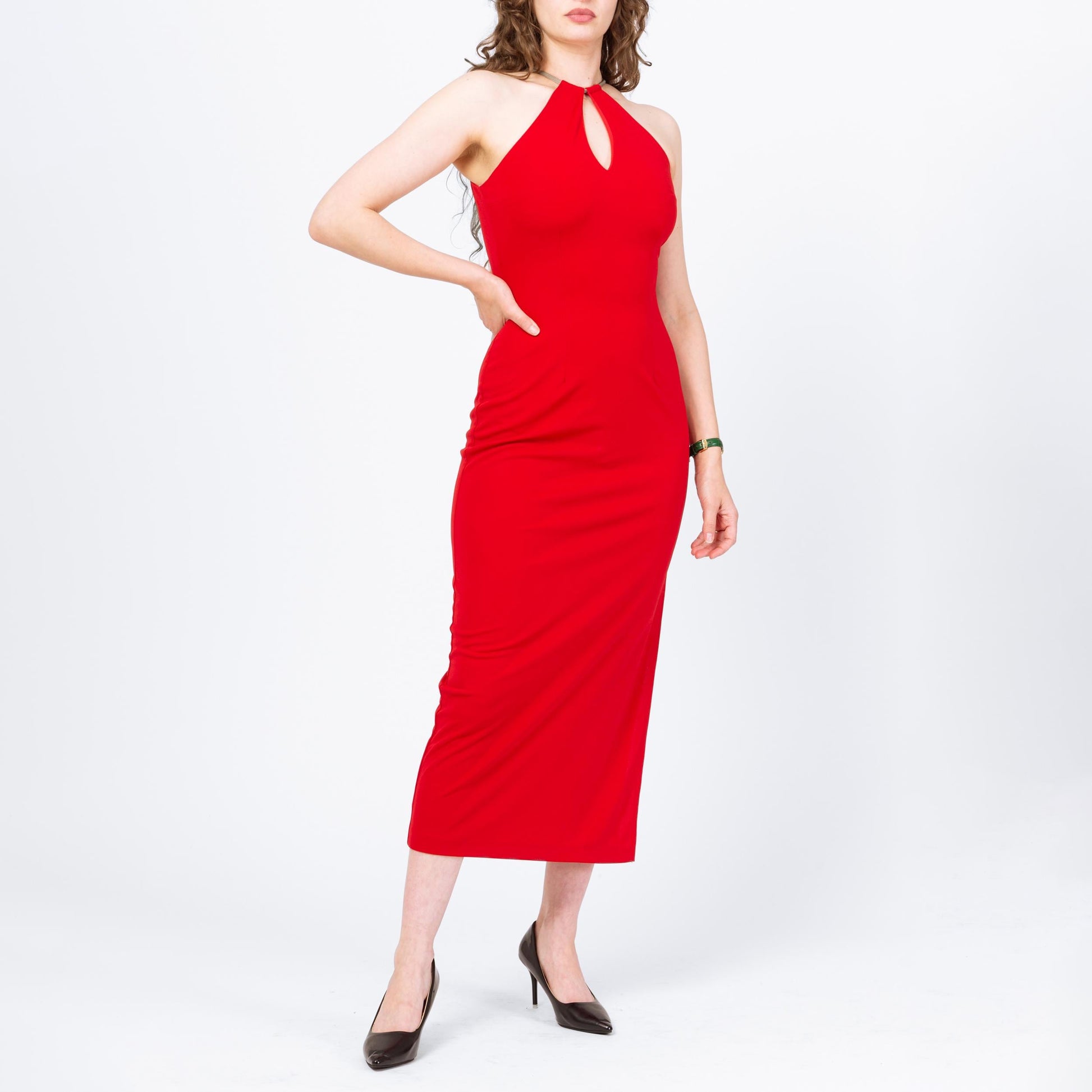 Vintage 90s Red Keyhole Chain Collar Maxi Dress