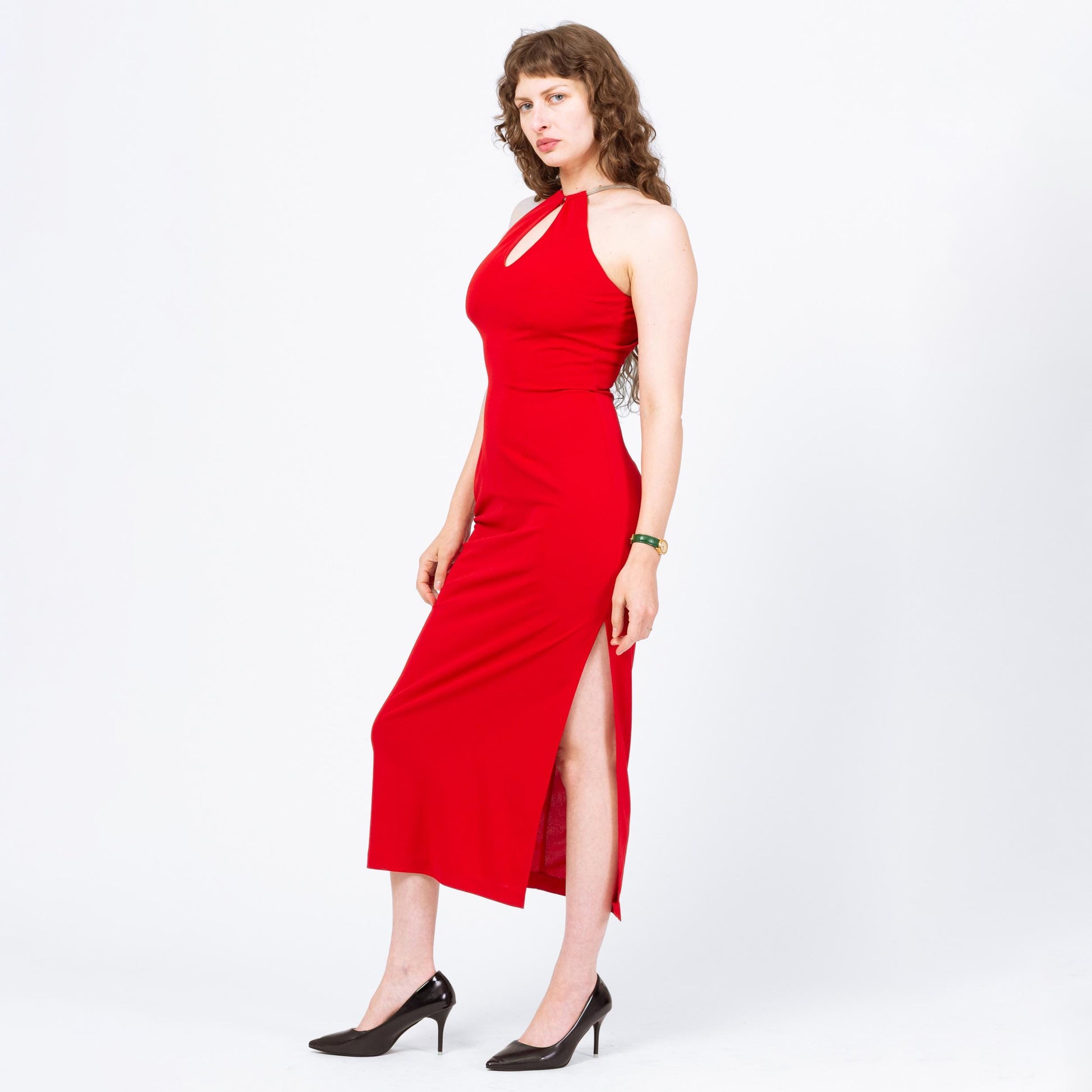 Vintage 90s Red Keyhole Chain Collar Maxi Dress - Small | Racerback Choker Neck Evening Gown, Sexy Formal Party Dress