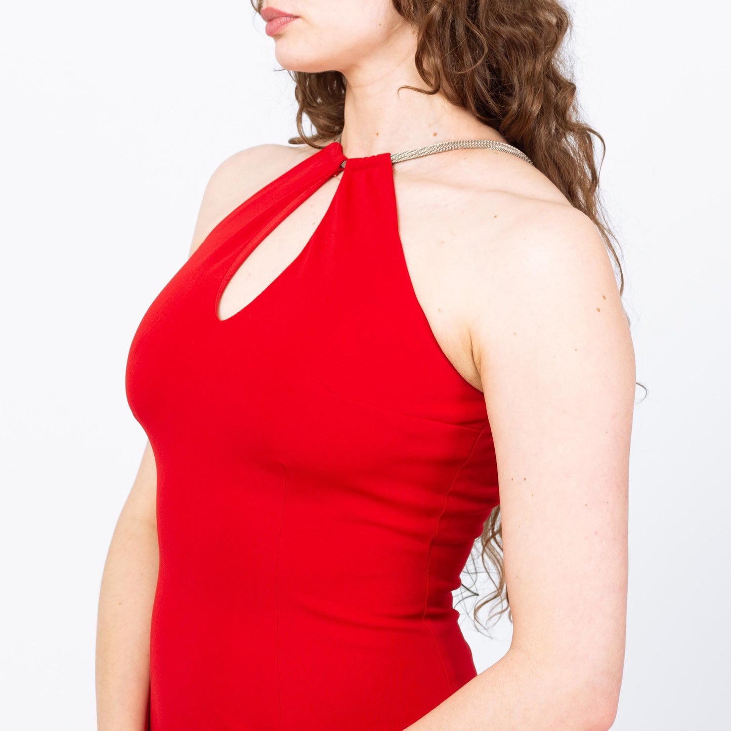 Vintage 90s Red Keyhole Chain Collar Maxi Dress - Small | Racerback Choker Neck Evening Gown, Sexy Formal Party Dress