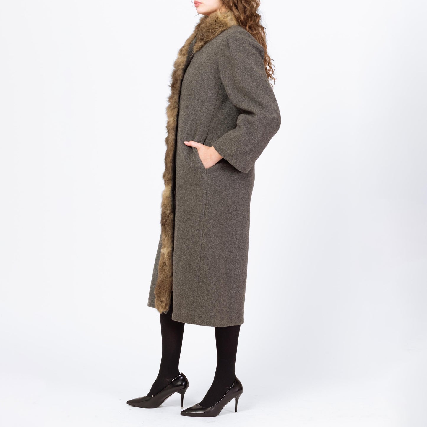 Vintage 70s Grey Wool Fur Trim Coat - Small to Medium | Button Up Long Winter Overcoat