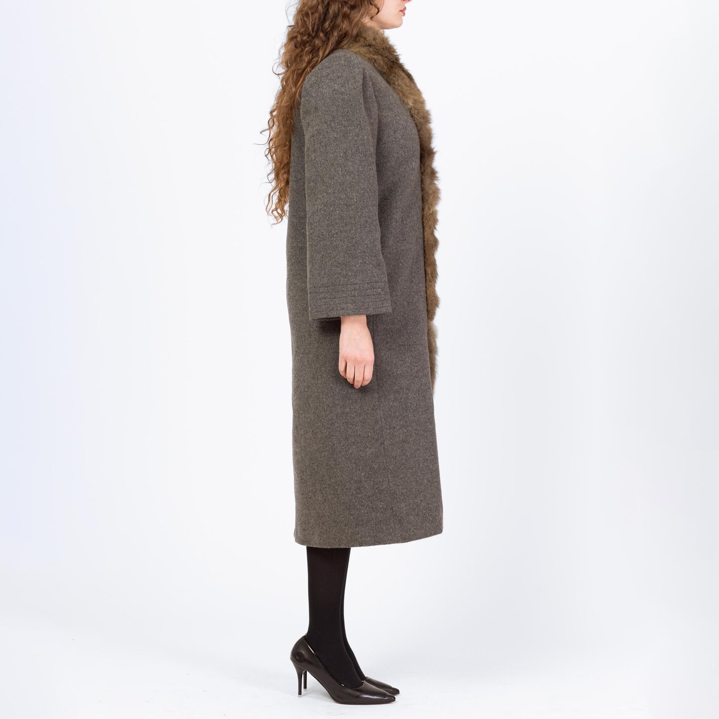 Vintage 70s Grey Wool Fur Trim Coat - Small to Medium | Button Up Long Winter Overcoat