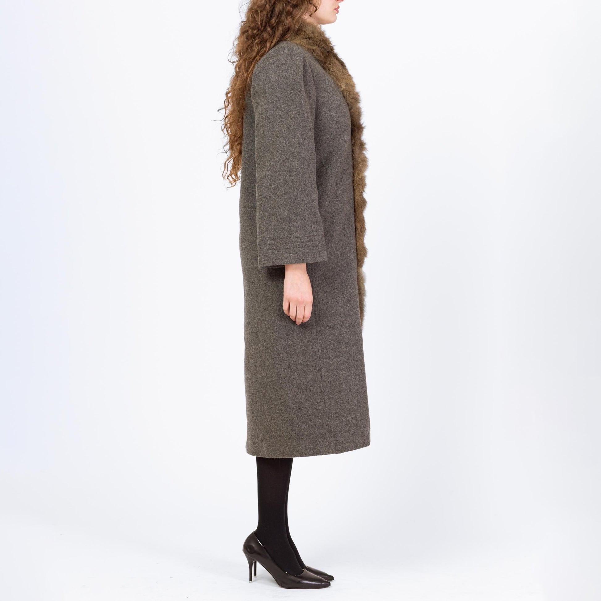 Vintage 70s Grey Wool Fur Trim Coat - Small to Medium | Button Up Long Winter Overcoat