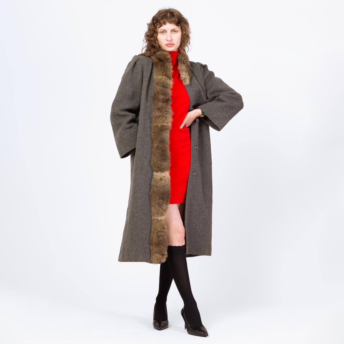 Vintage 70s Grey Wool Fur Trim Coat - Small to Medium | Button Up Long Winter Overcoat