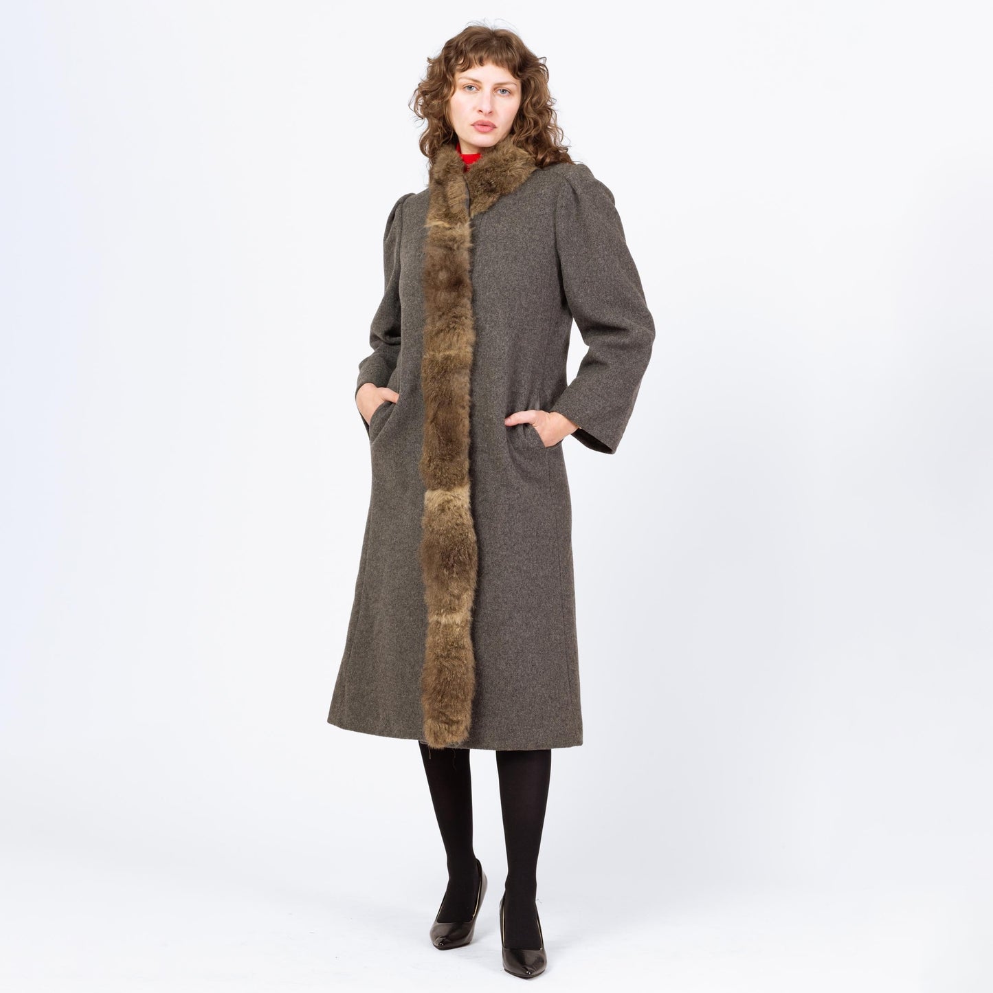 Vintage 70s Grey Wool Fur Trim Coat - Small to Medium | Button Up Long Winter Overcoat