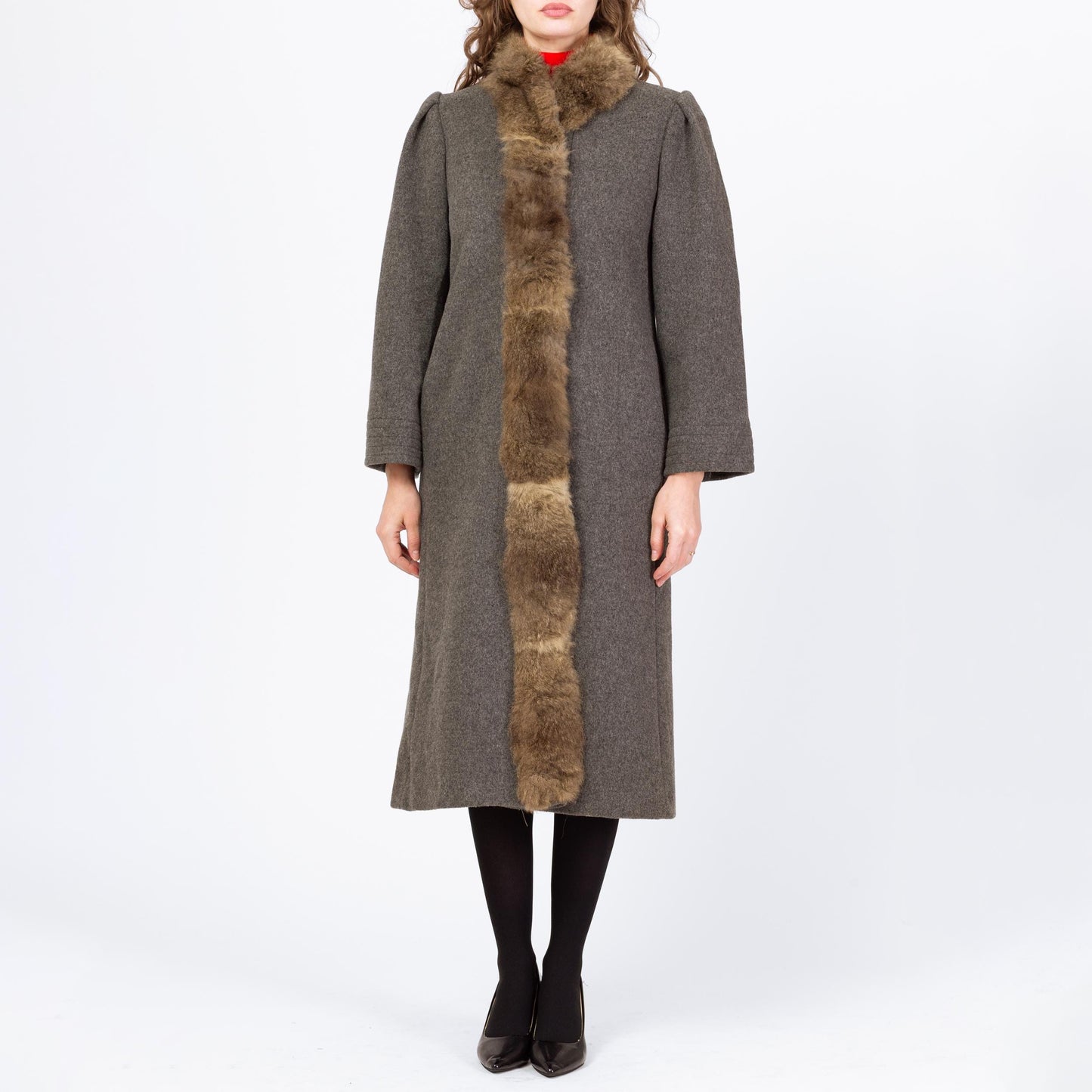 Vintage 70s Grey Wool Fur Trim Coat - Small to Medium | Button Up Long Winter Overcoat
