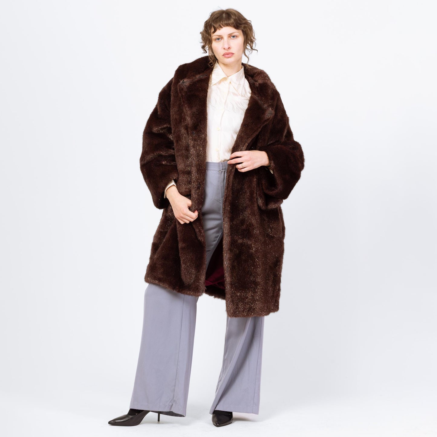 Vintage 80s Guy Laroche Mahogany Faux Fur Scarf Coat - Medium | Dark Brown Designer Glam Winter Jacket