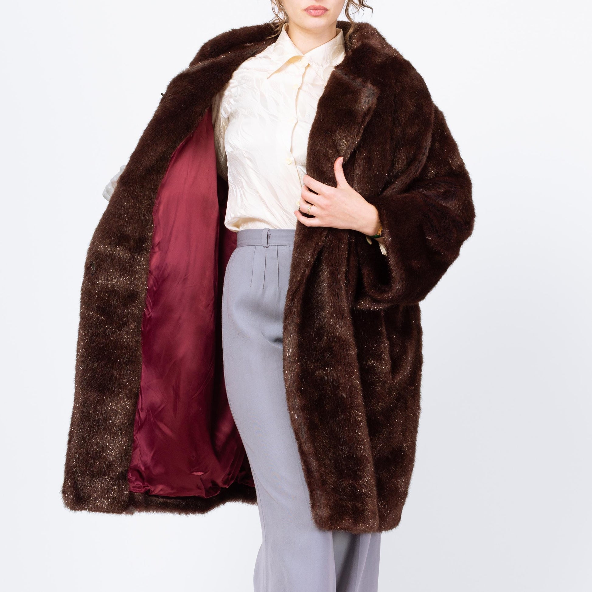Vintage 80s Guy Laroche Mahogany Faux Fur Scarf Coat - Medium | Dark Brown Designer Glam Winter Jacket