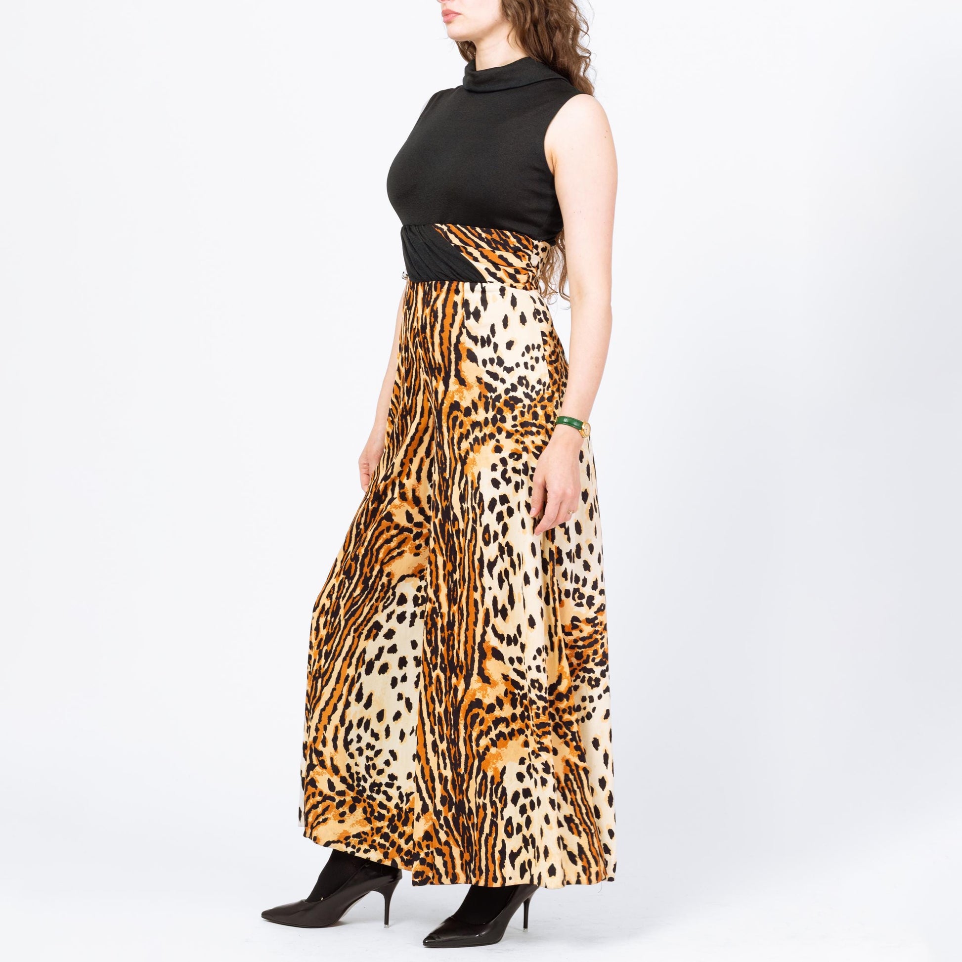 Vintage 60s 70s Animal Print Palazzo Jumpsuit - Medium | Black & Brown Leopard Print Sleeveless Disco Pantsuit