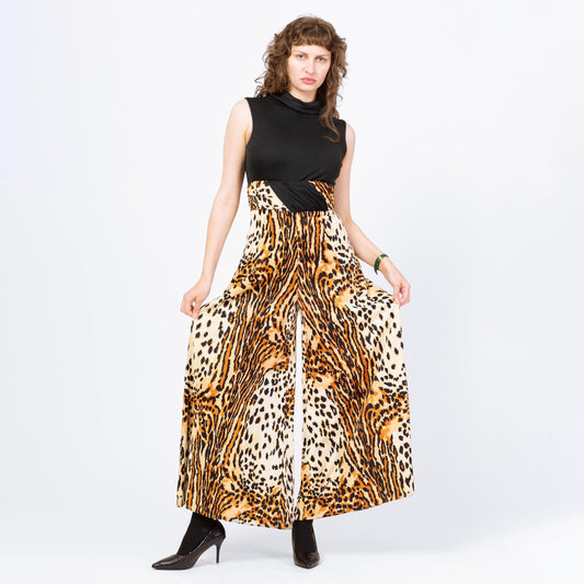 Vintage 60s 70s Animal Print Palazzo Jumpsuit - Medium | Black & Brown Leopard Print Sleeveless Disco Pantsuit