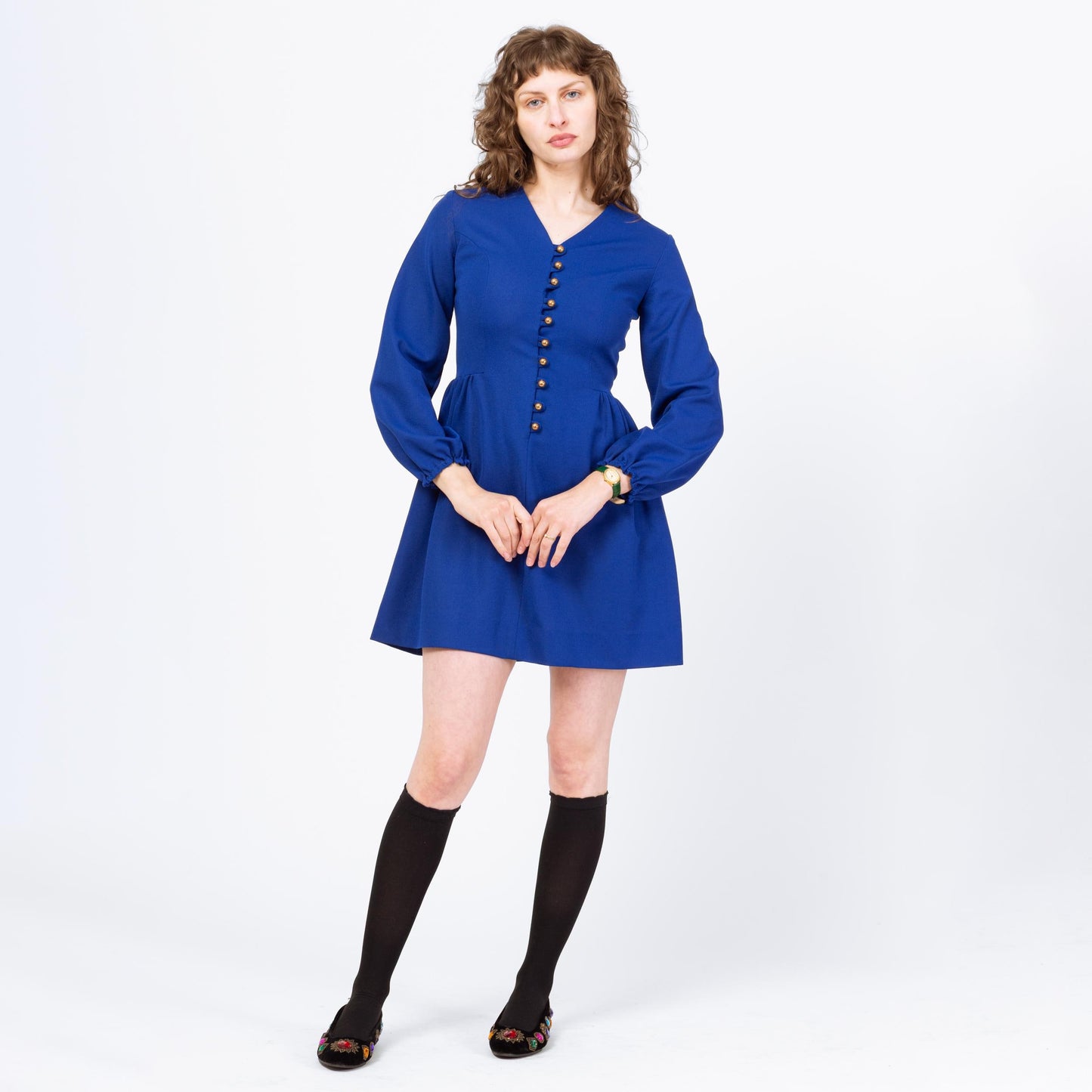Vintage 70s Royal Blue Long Sleeve Mini Party Dress - Medium | Mod Gold Button Fit & Flare Minidress