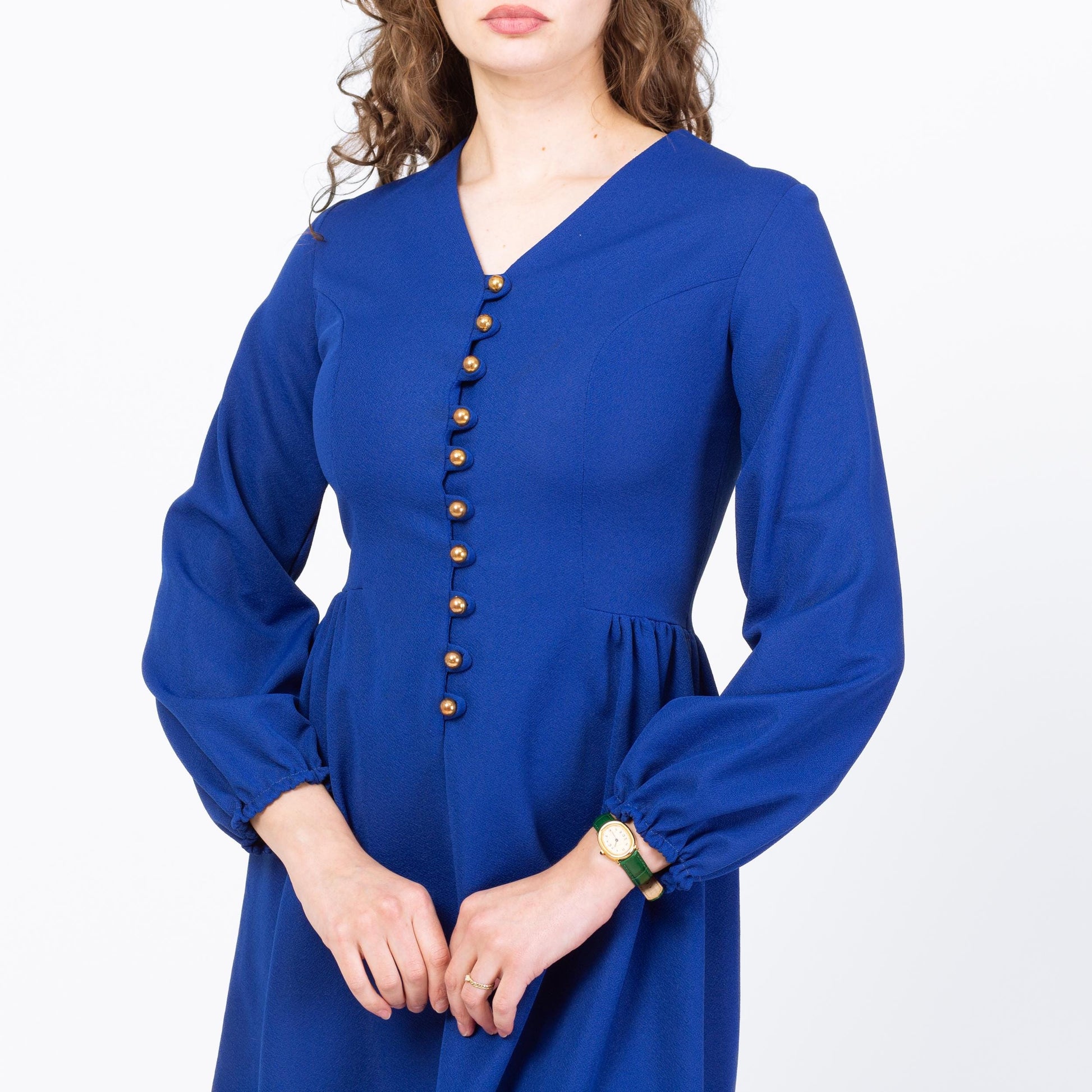 Vintage 70s Royal Blue Long Sleeve Mini Party Dress - Medium | Mod Gold Button Fit & Flare Minidress