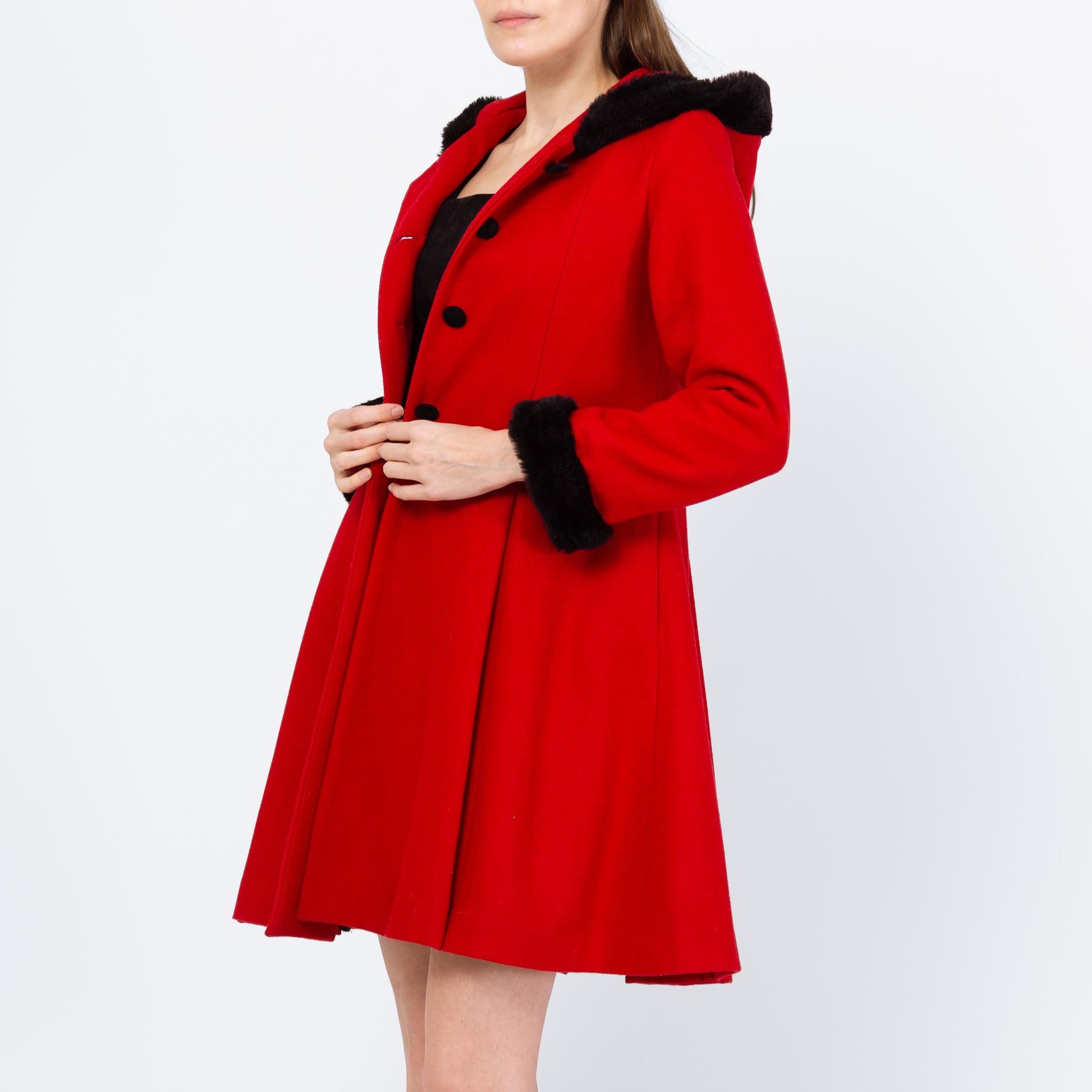 Vintage 90s Red & Black Mini Hooded Princess Coat - Extra Small | Wool Faux Fur Retro Mod Winter Swing Jacket