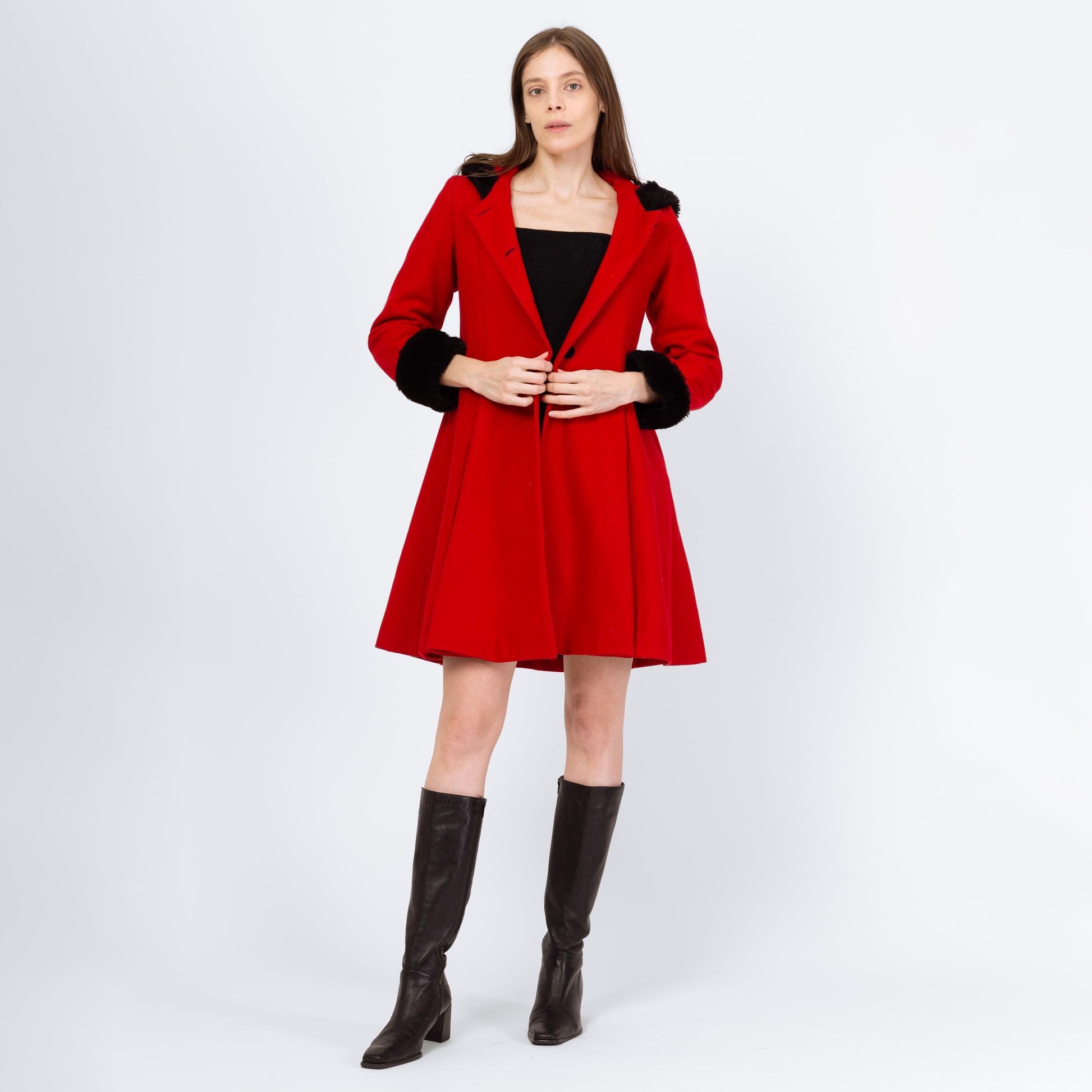 Vintage 90s Red & Black Mini Hooded Princess Coat - Extra Small | Wool Faux Fur Retro Mod Winter Swing Jacket