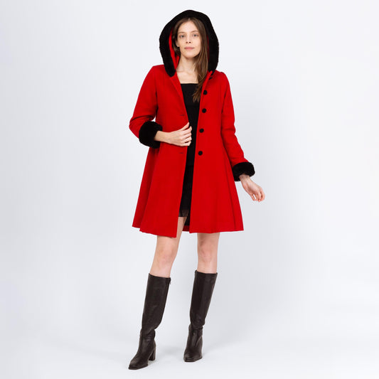Vintage 90s Red & Black Mini Hooded Princess Coat - Extra Small | Wool Faux Fur Retro Mod Winter Swing Jacket
