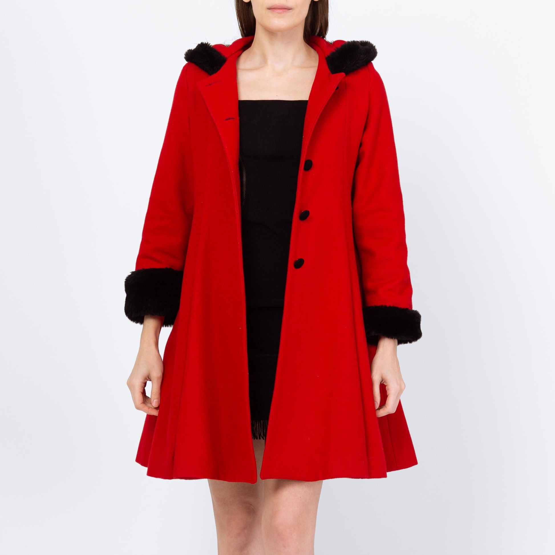 Vintage 90s Red & Black Mini Hooded Princess Coat - Extra Small | Wool Faux Fur Retro Mod Winter Swing Jacket