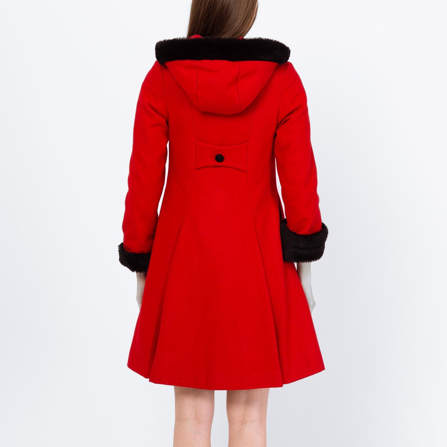 Vintage 90s Red & Black Mini Hooded Princess Coat - Extra Small | Wool Faux Fur Retro Mod Winter Swing Jacket