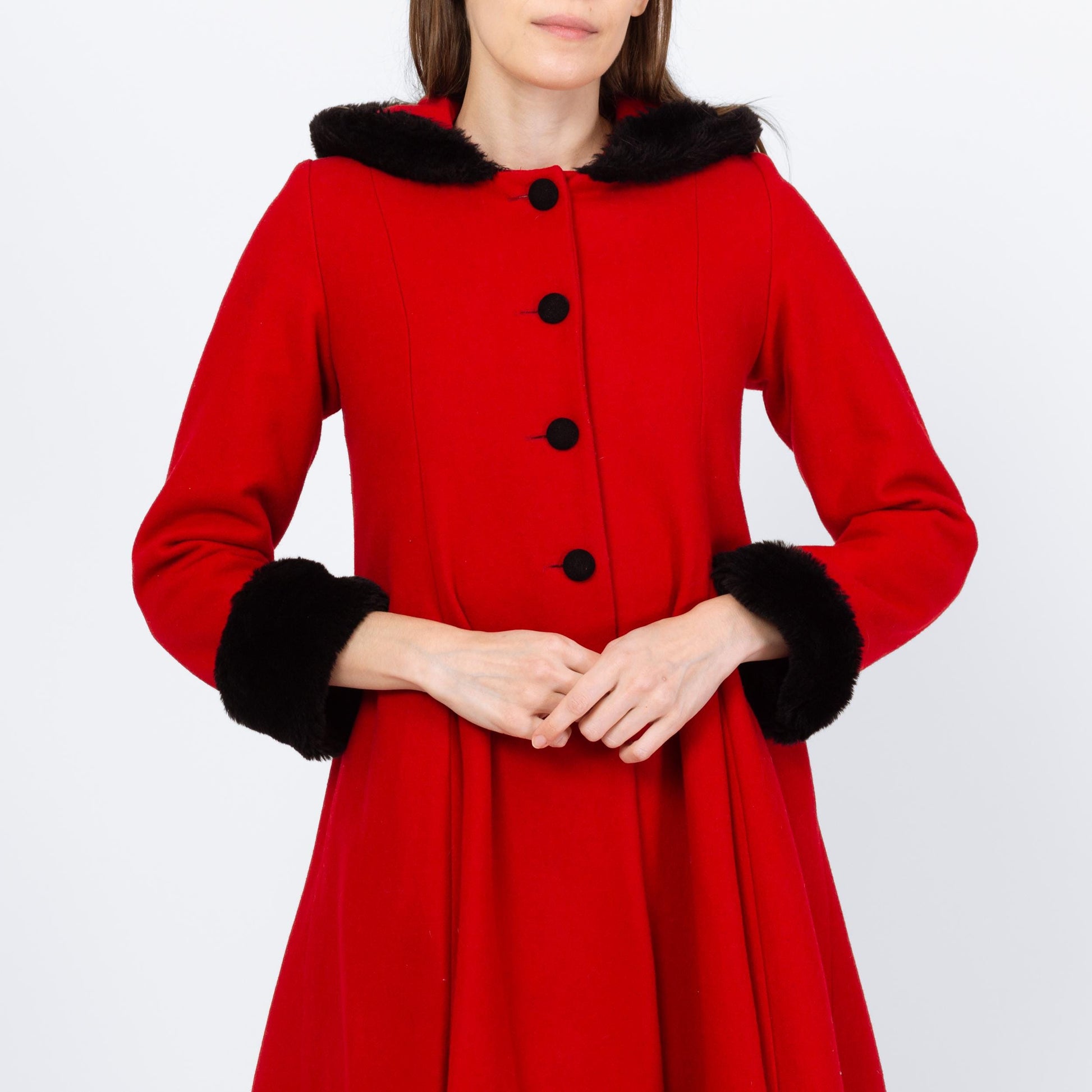 Vintage 90s Red & Black Mini Hooded Princess Coat - Extra Small | Wool Faux Fur Retro Mod Winter Swing Jacket