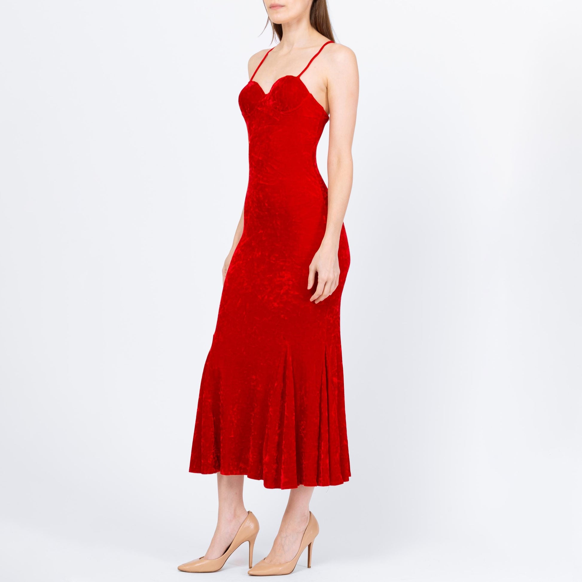 Vintage 90s Red Velvet Bombshell Maxi Dress - Extra Small | Criss Cross Spaghetti Strap Bodycon Formal Party Gown