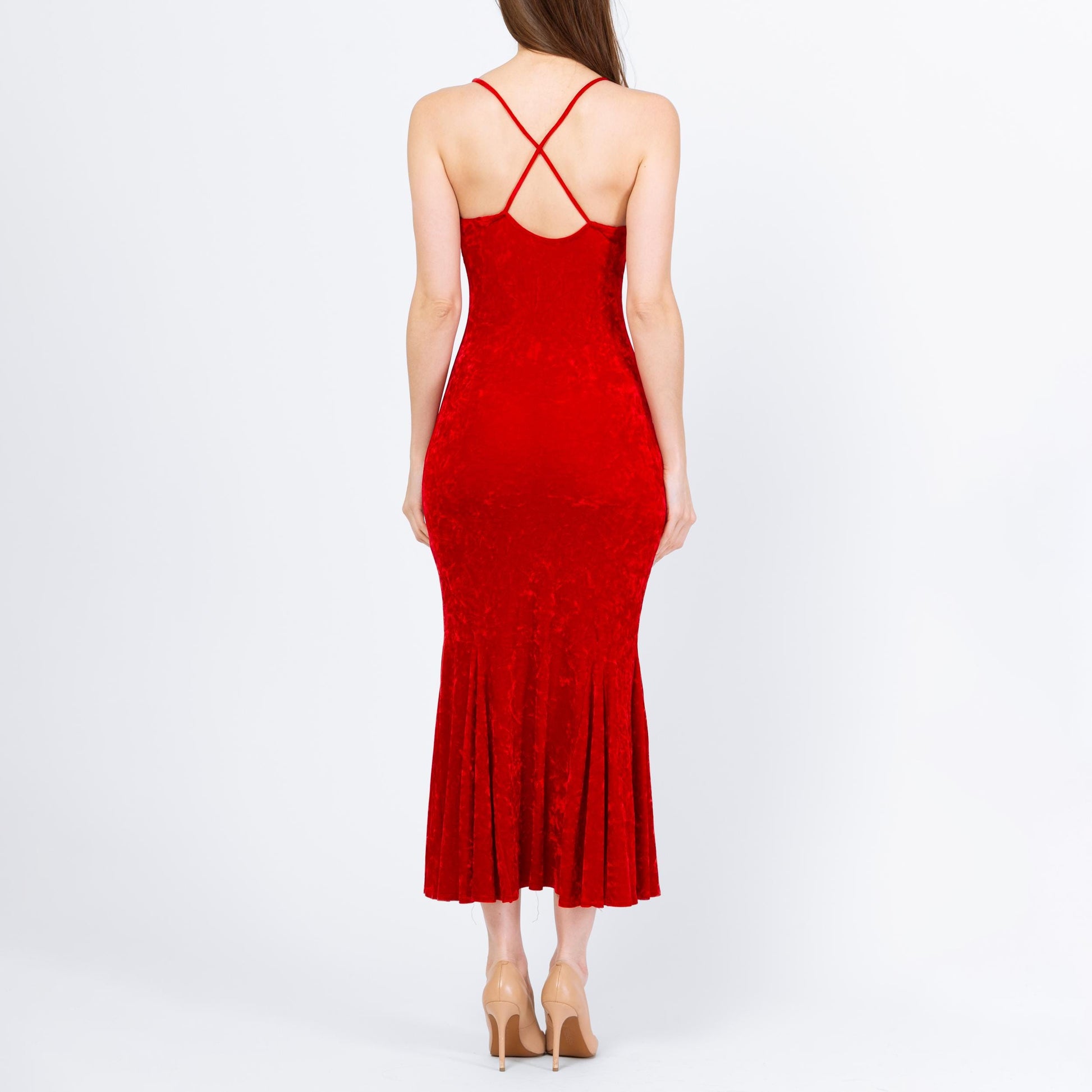 Vintage 90s Red Velvet Bombshell Maxi Dress - Extra Small | Criss Cross Spaghetti Strap Bodycon Formal Party Gown