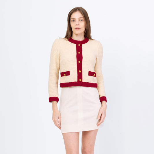 Vintage 70s Castleberry Cropped Knit Cardigan - Small | Cream Wine Red Button Up Short Sweater Jacket