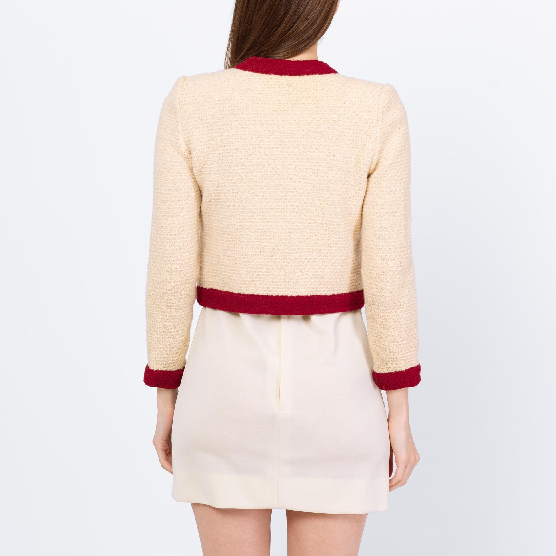 Vintage 70s Castleberry Cropped Knit Cardigan - Small | Cream Wine Red Button Up Short Sweater Jacket
