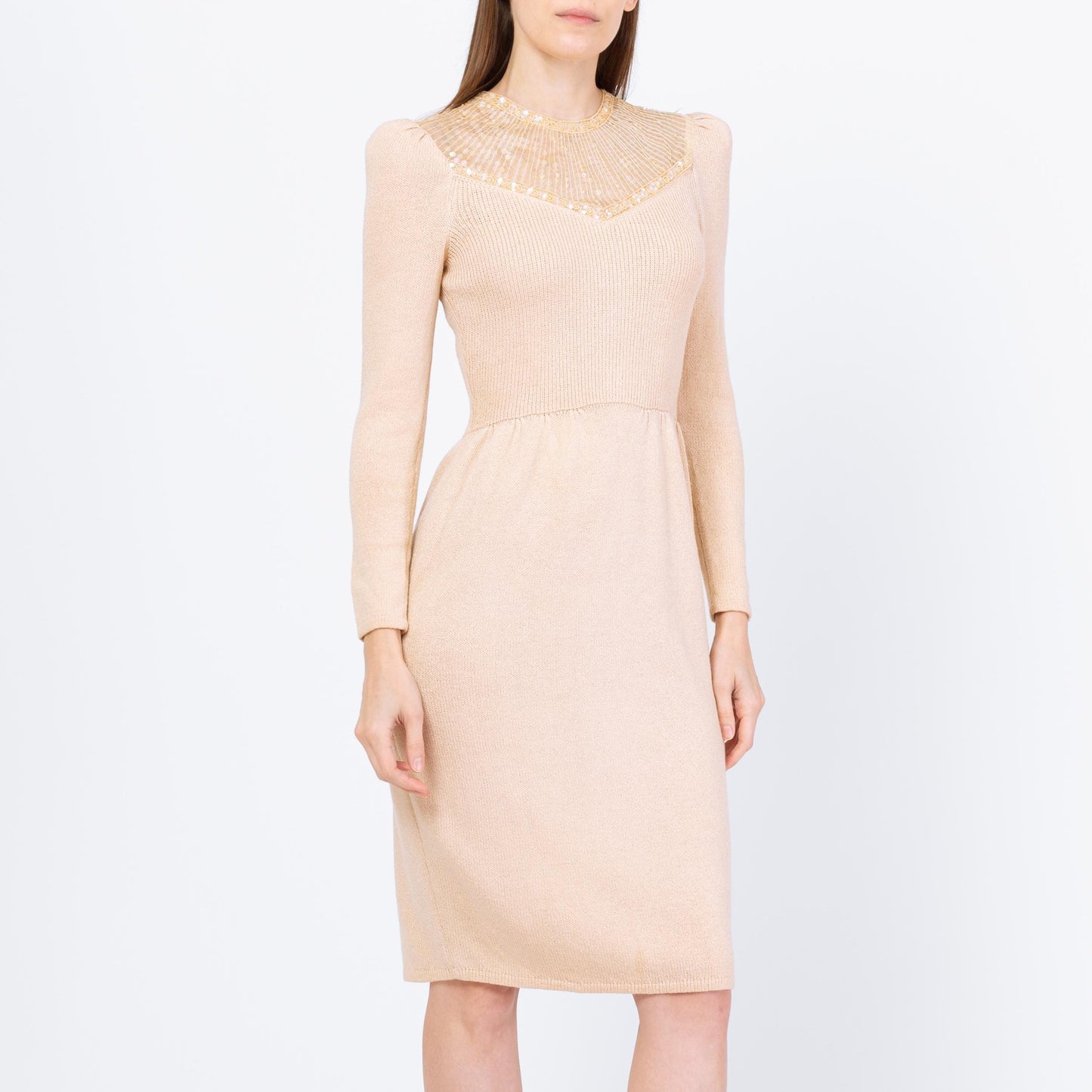 Vintage 80s St. John Deco Cream Knit Sequin Dress - Small | Retro Long Sleeve Ribbed Cocktail Party Dress