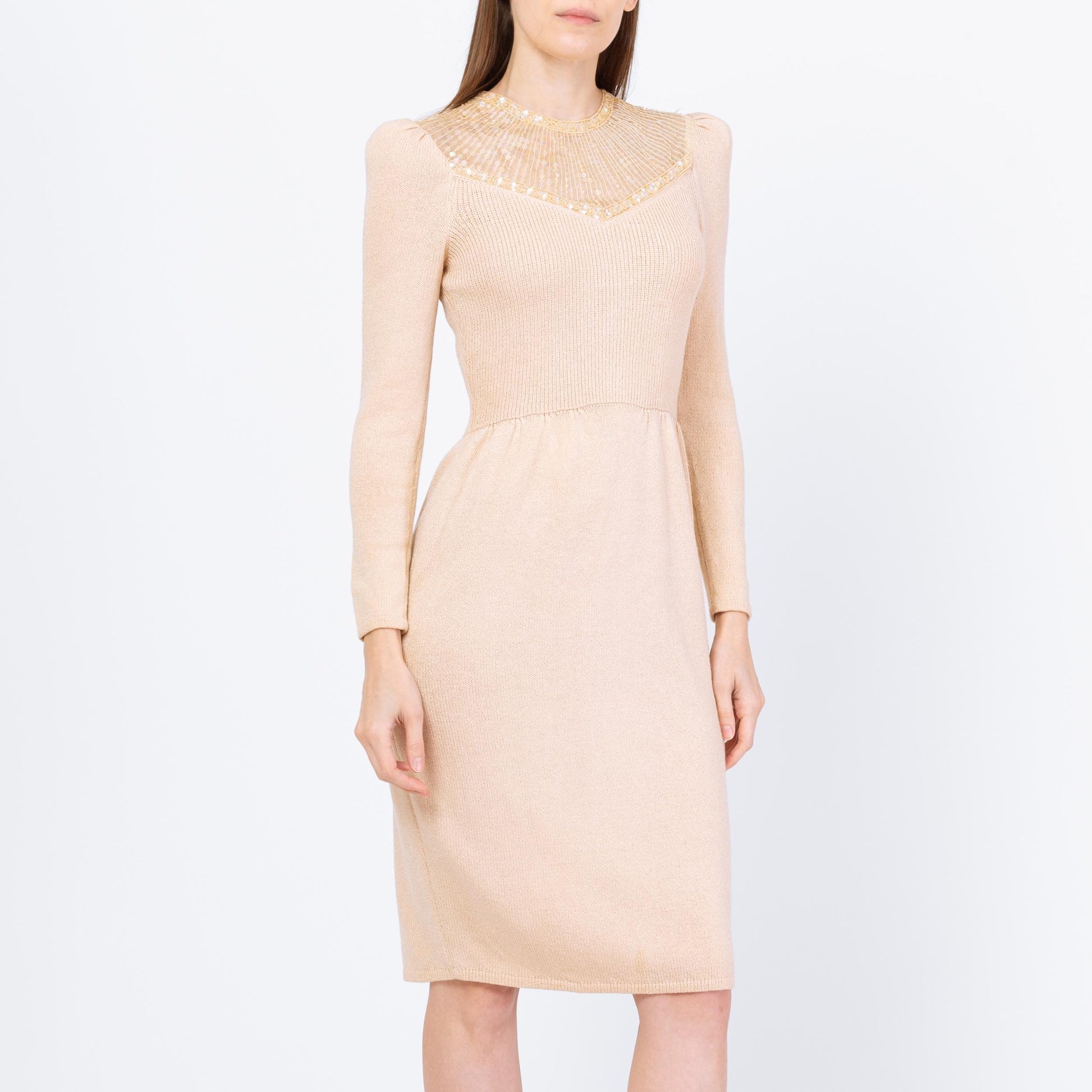 Vintage 80s St. John Deco Cream Knit Sequin Dress - Small | Retro Long Sleeve Ribbed Cocktail Party Dress