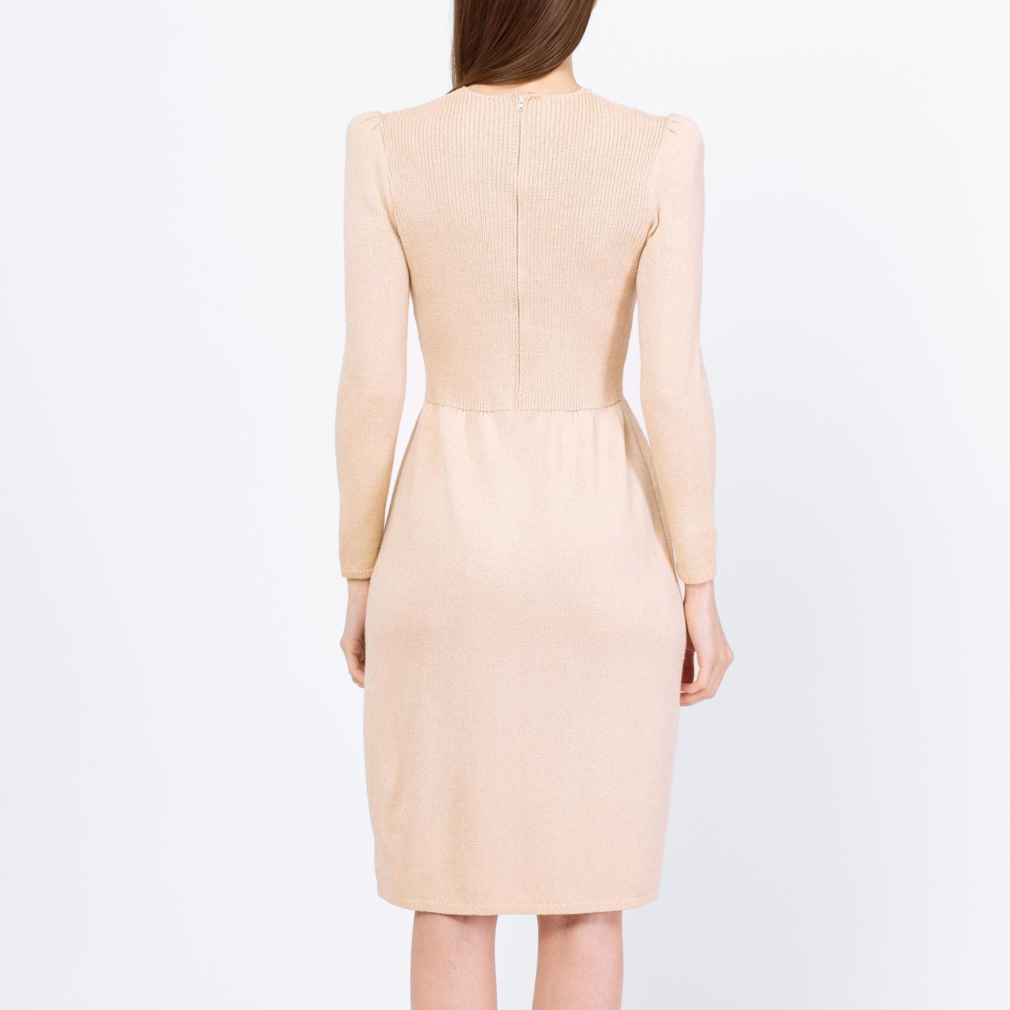 Vintage 80s St. John Deco Cream Knit Sequin Dress - Small | Retro Long Sleeve Ribbed Cocktail Party Dress