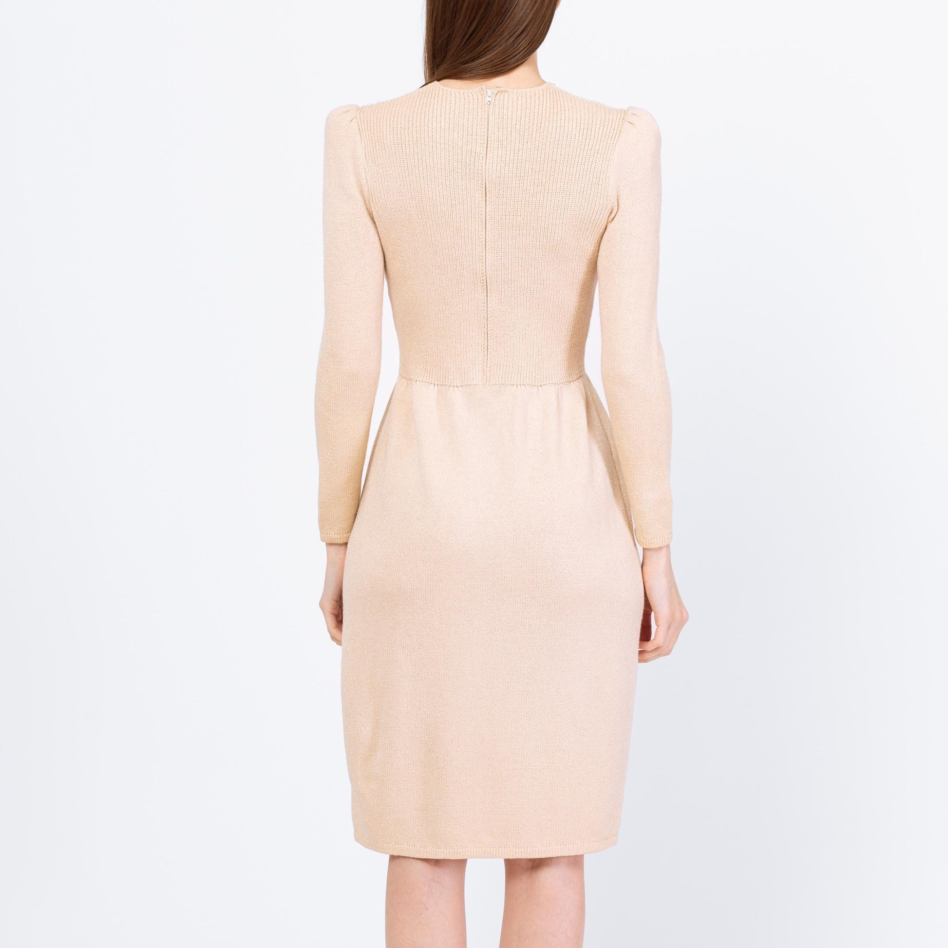 Vintage 80s St. John Deco Cream Knit Sequin Dress - Small | Retro Long Sleeve Ribbed Cocktail Party Dress