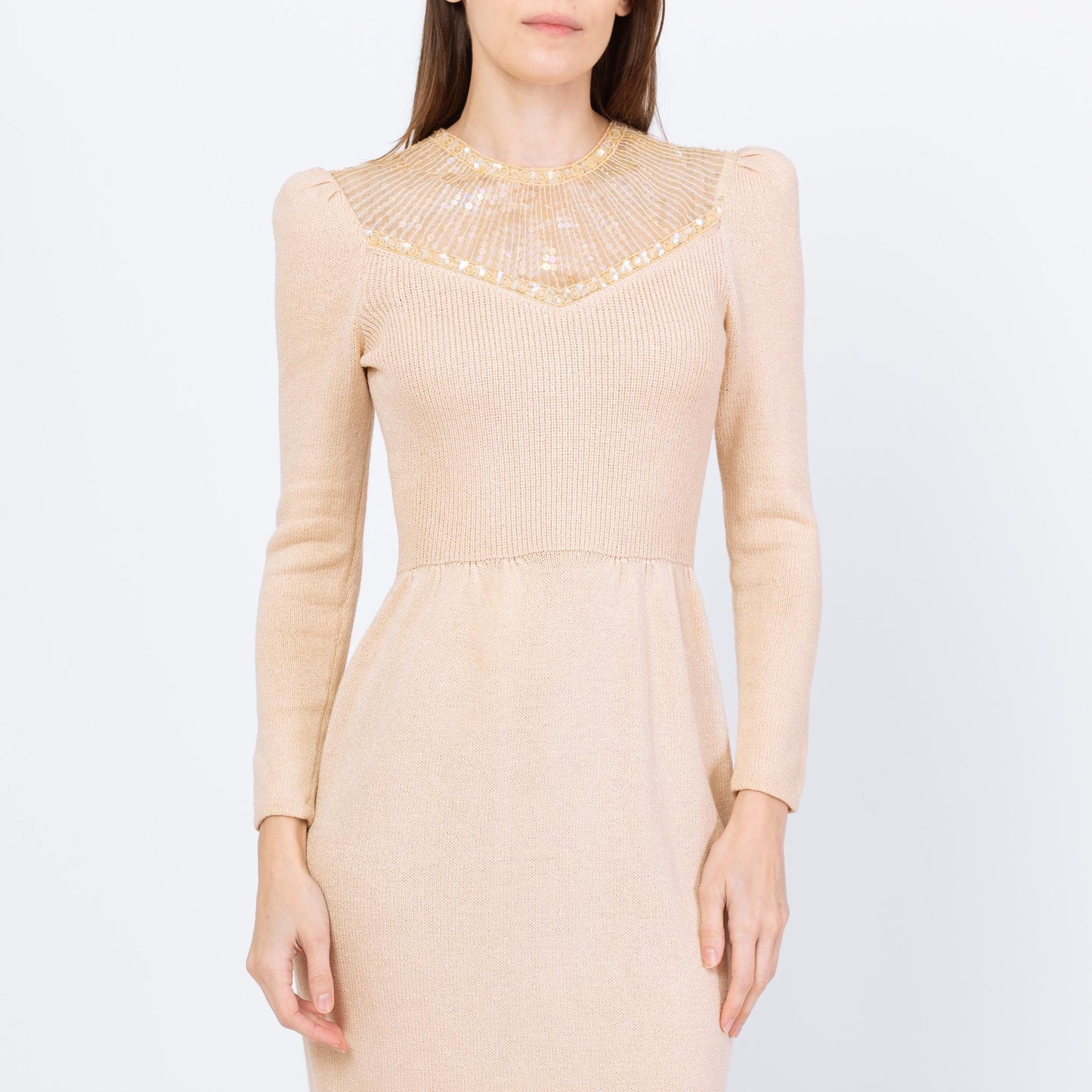 Vintage 80s St. John Deco Cream Knit Sequin Dress - Small | Retro Long Sleeve Ribbed Cocktail Party Dress