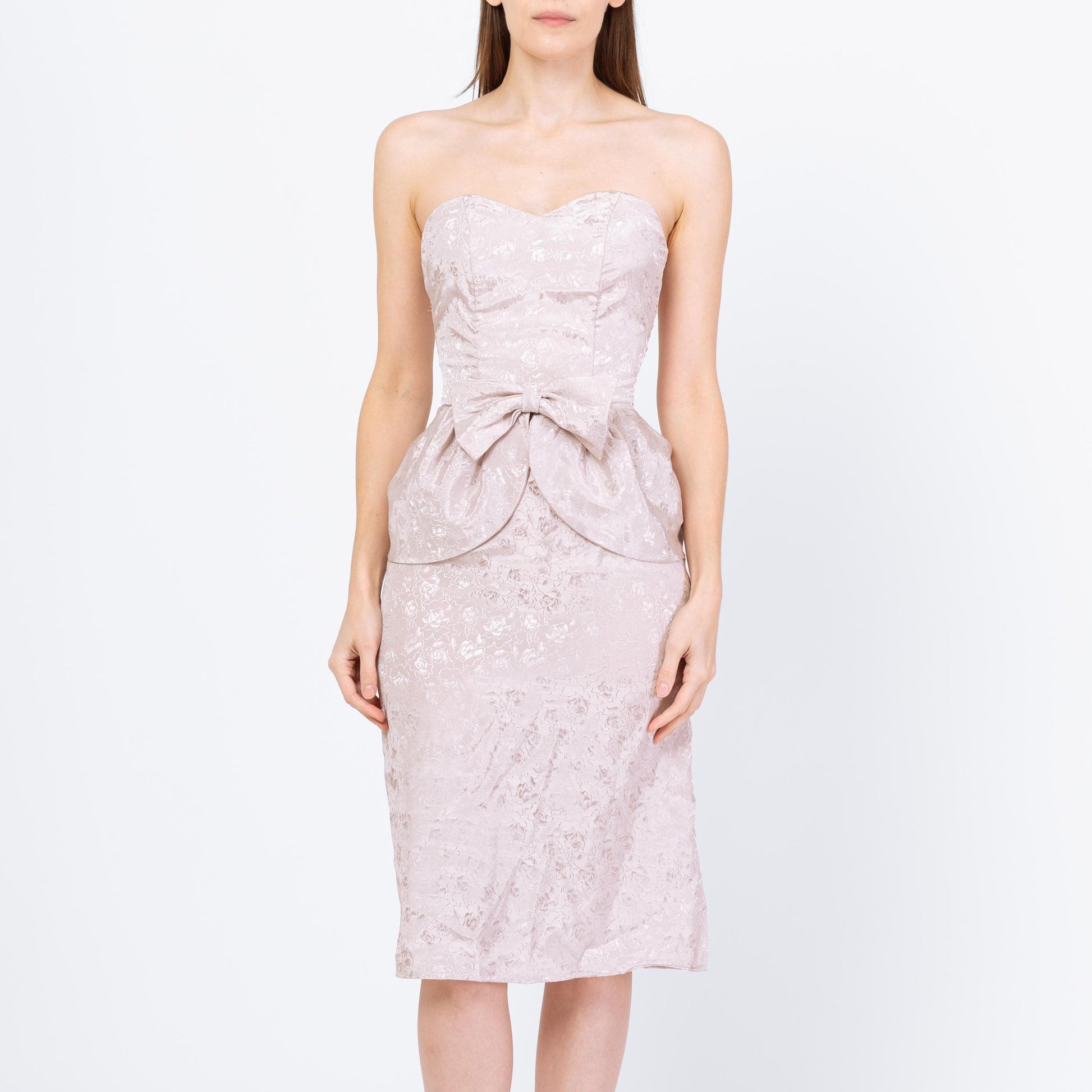 Vintage 80s Jacquard Floral Peplum Party Dress - Extra Small | Silver Strapless Bow Tie Formal Mini Prom Dress