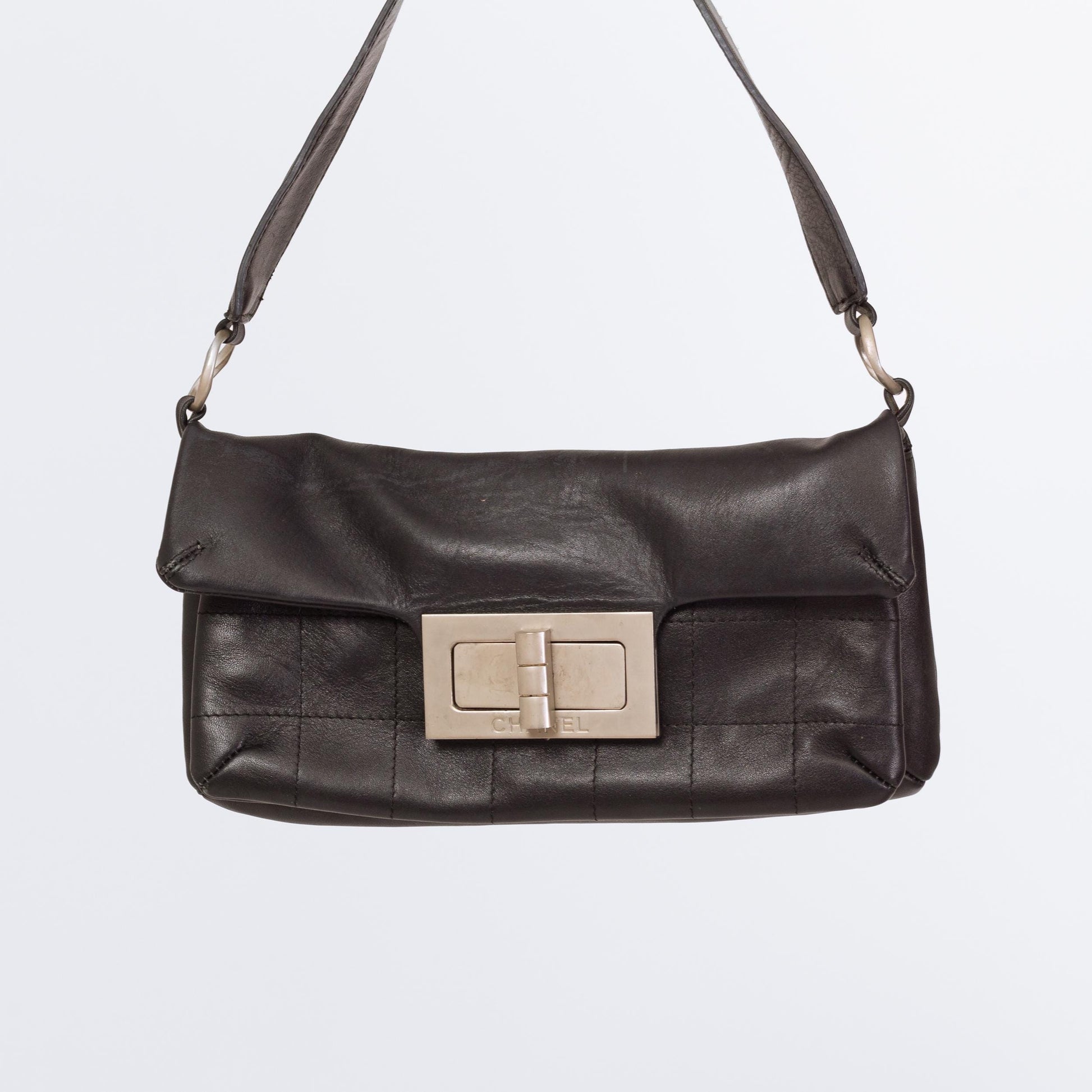 Vintage Y2K Chanel Mademoiselle Quilted Black Leather Shoulder Bag | 2000s Designer Purse, Turn Lock 2.55 Chocolate Bar Bag