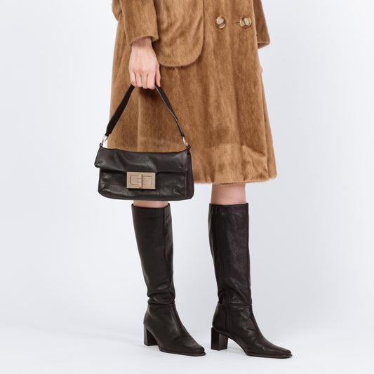 Vintage Y2K Chanel Mademoiselle Quilted Black Leather Shoulder Bag | 2000s Designer Purse, Turn Lock 2.55 Chocolate Bar Bag