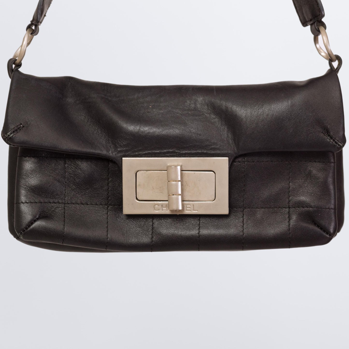 Vintage Y2K Chanel Mademoiselle Quilted Black Leather Shoulder Bag | 2000s Designer Purse, Turn Lock 2.55 Chocolate Bar Bag