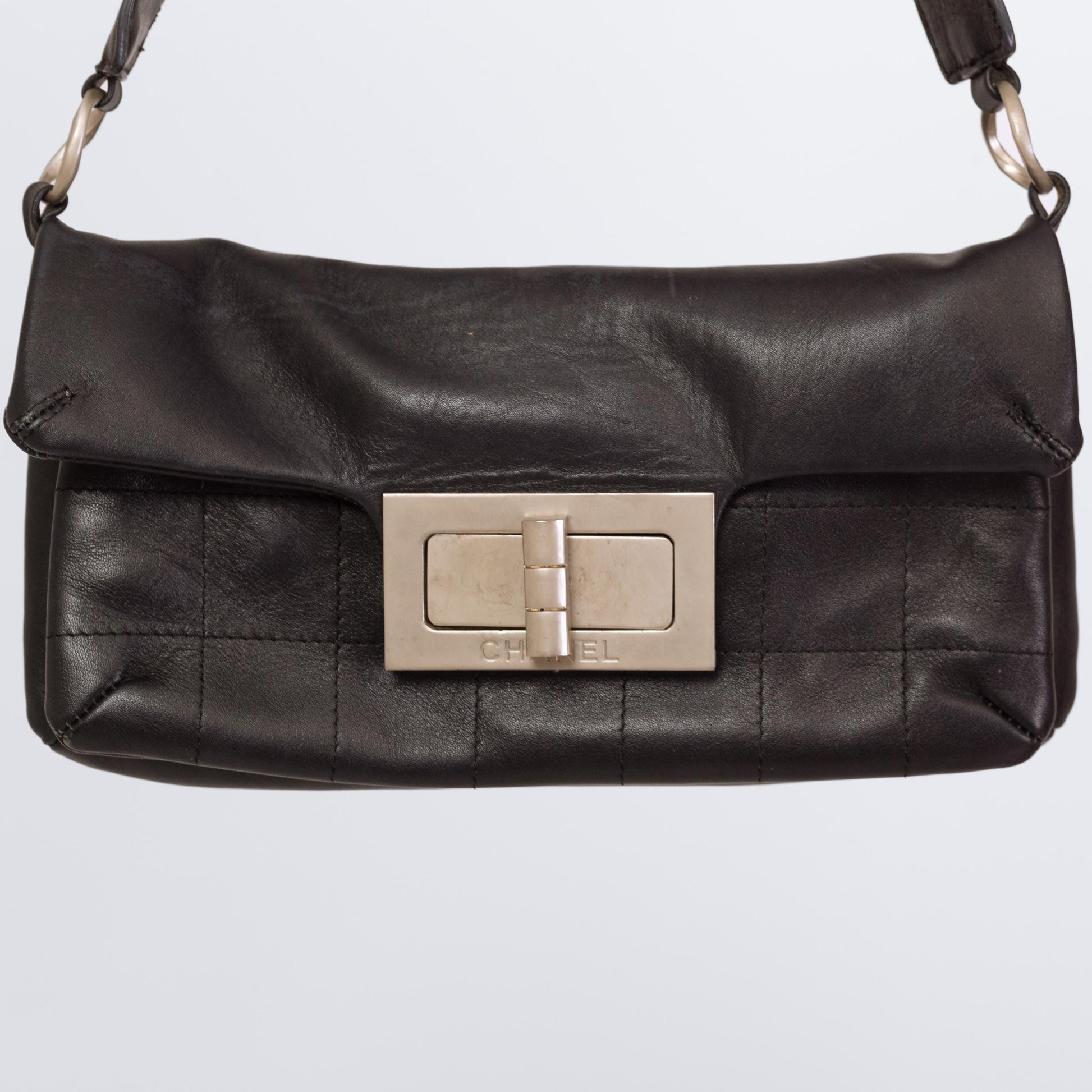 Vintage Y2K Chanel Mademoiselle Quilted Black Leather Shoulder Bag | 2000s Designer Purse, Turn Lock 2.55 Chocolate Bar Bag