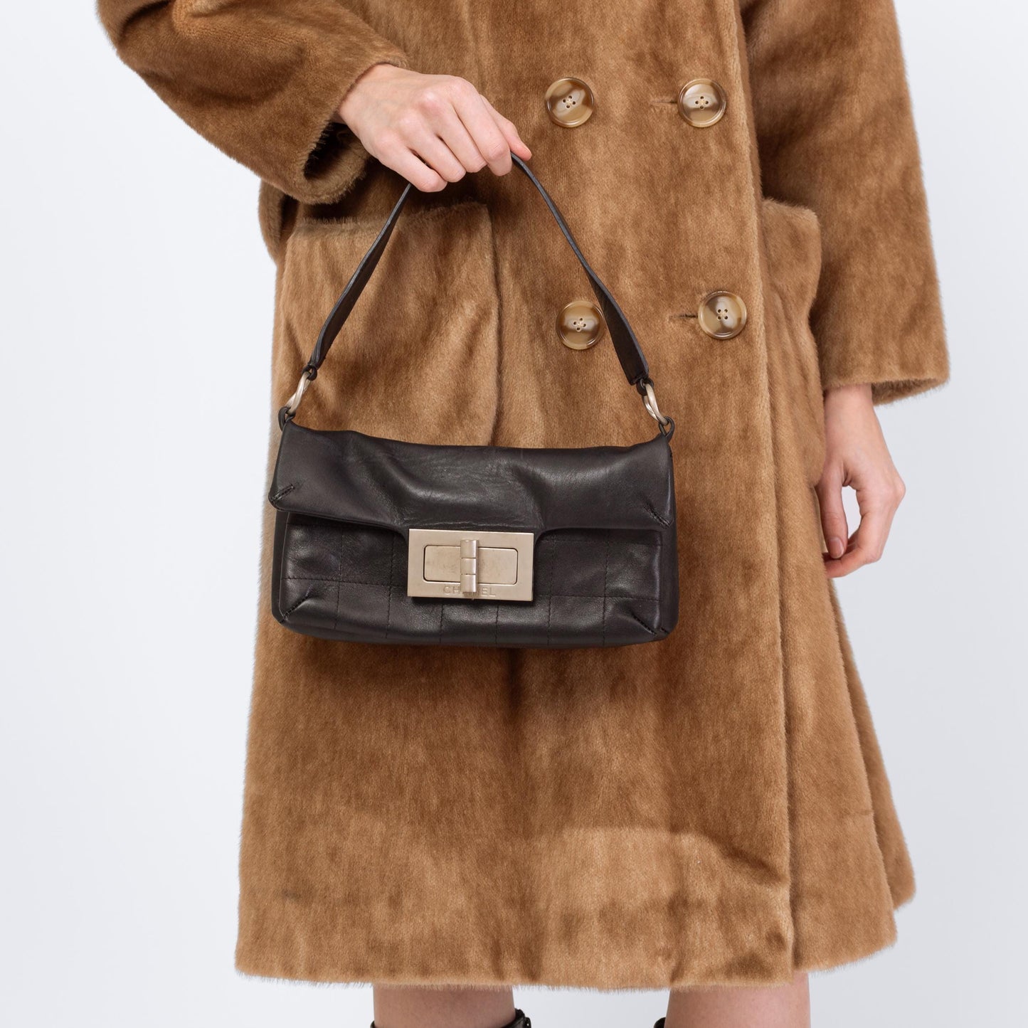 Vintage Y2K Chanel Mademoiselle Quilted Black Leather Shoulder Bag | 2000s Designer Purse, Turn Lock 2.55 Chocolate Bar Bag