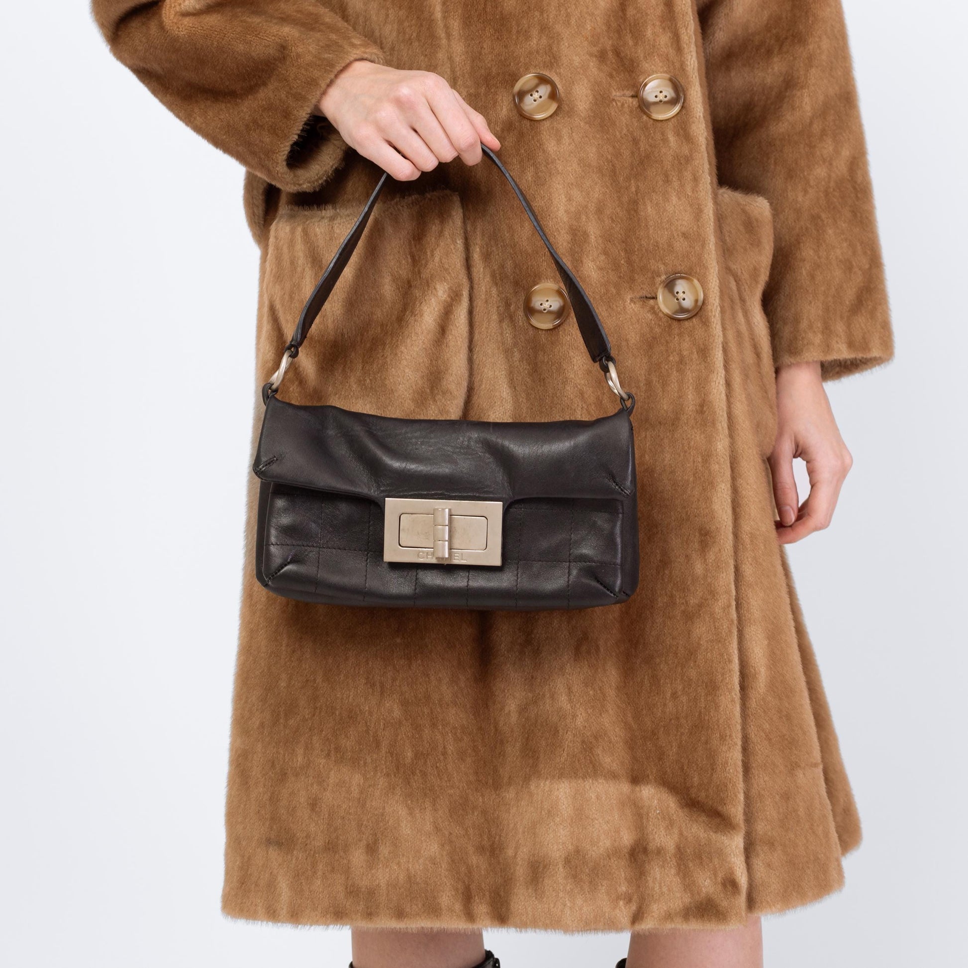 Vintage Y2K Chanel Mademoiselle Quilted Black Leather Shoulder Bag | 2000s Designer Purse, Turn Lock 2.55 Chocolate Bar Bag