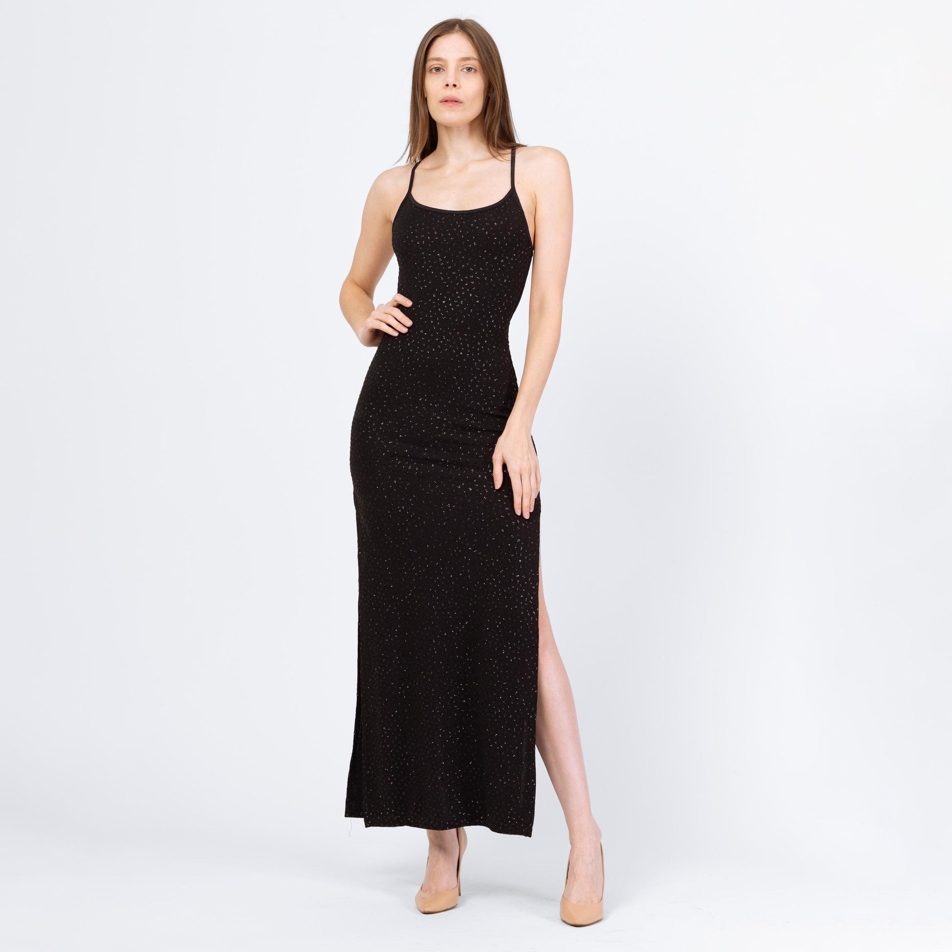 Vintage 90s Backless Black Sparkle Maxi Dress - Small | Low Back Criss Cross Strap Sexy Evening Gown