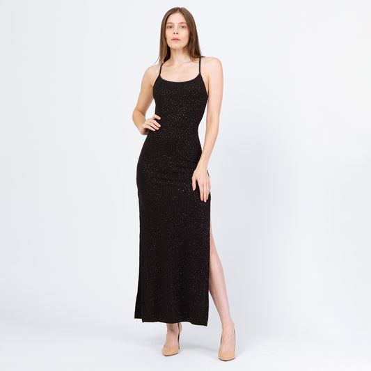 Vintage 90s Backless Black Sparkle Maxi Dress - Small | Low Back Criss Cross Strap Sexy Evening Gown