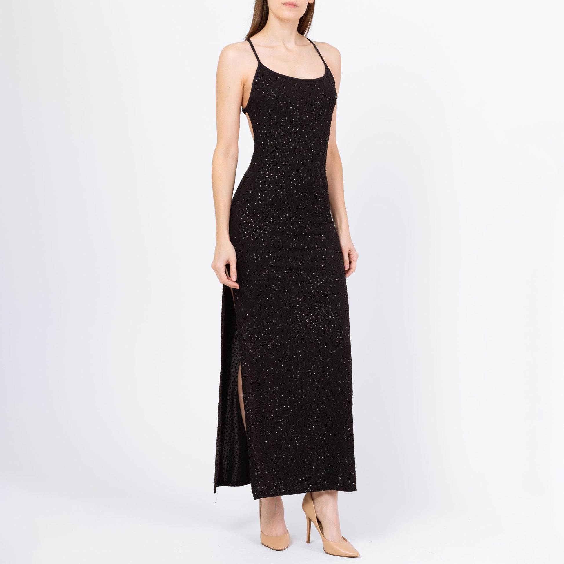 Vintage 90s Backless Black Sparkle Maxi Dress - Small | Low Back Criss Cross Strap Sexy Evening Gown