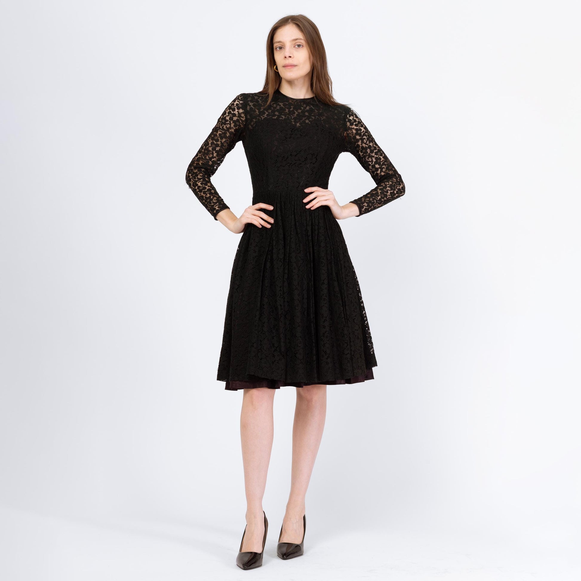 Vintage 60s Black Lace Fit & Flare Party Dress - Extra Small | Long Sleeve Knee Length Cocktail Dress, As Is