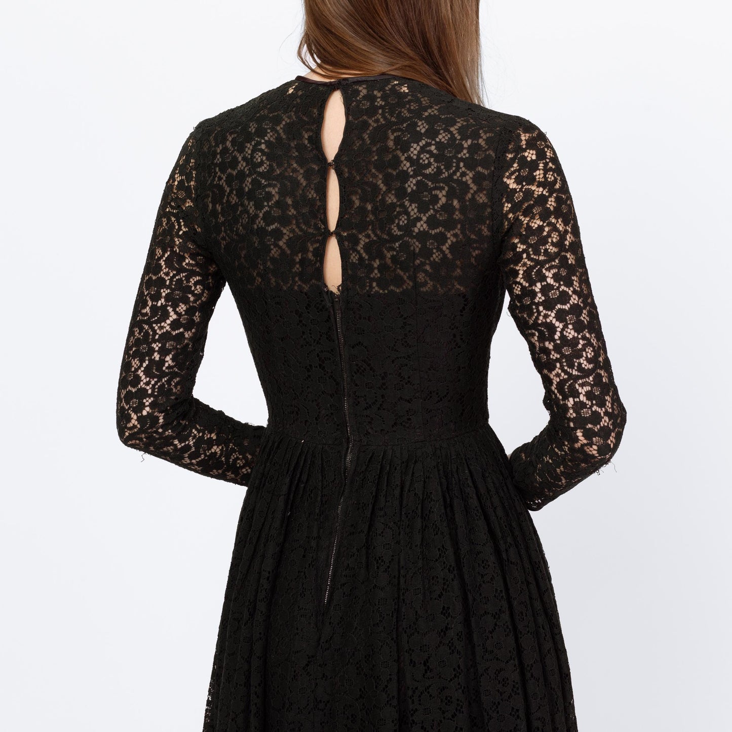 Vintage 60s Black Lace Fit & Flare Party Dress - Extra Small | Long Sleeve Knee Length Cocktail Dress, As Is