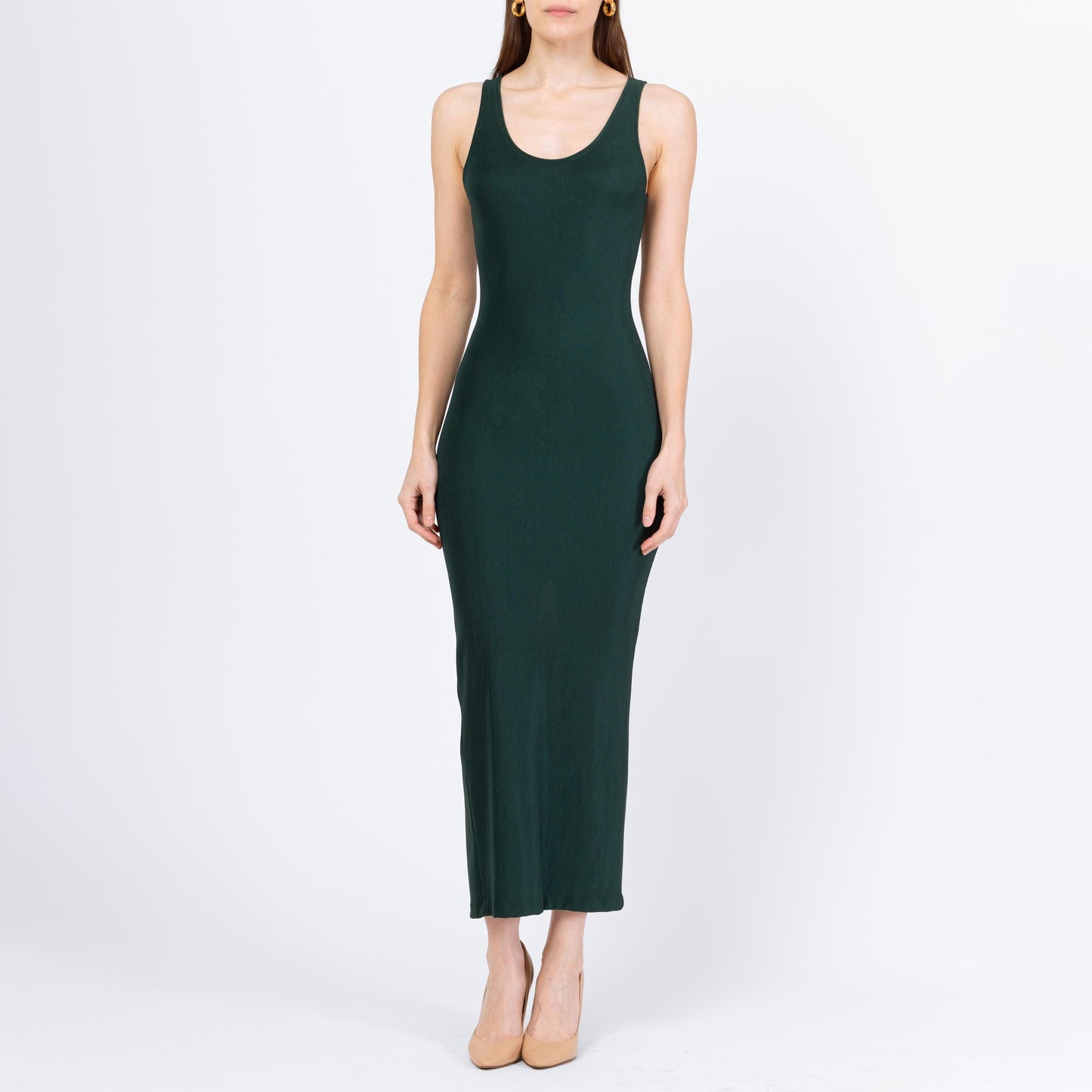 Vintage 90s Emerald Green Bodycon Maxi Tank Dress - XS to Small | Sleeveless Stretchy Minimalist Party Dress