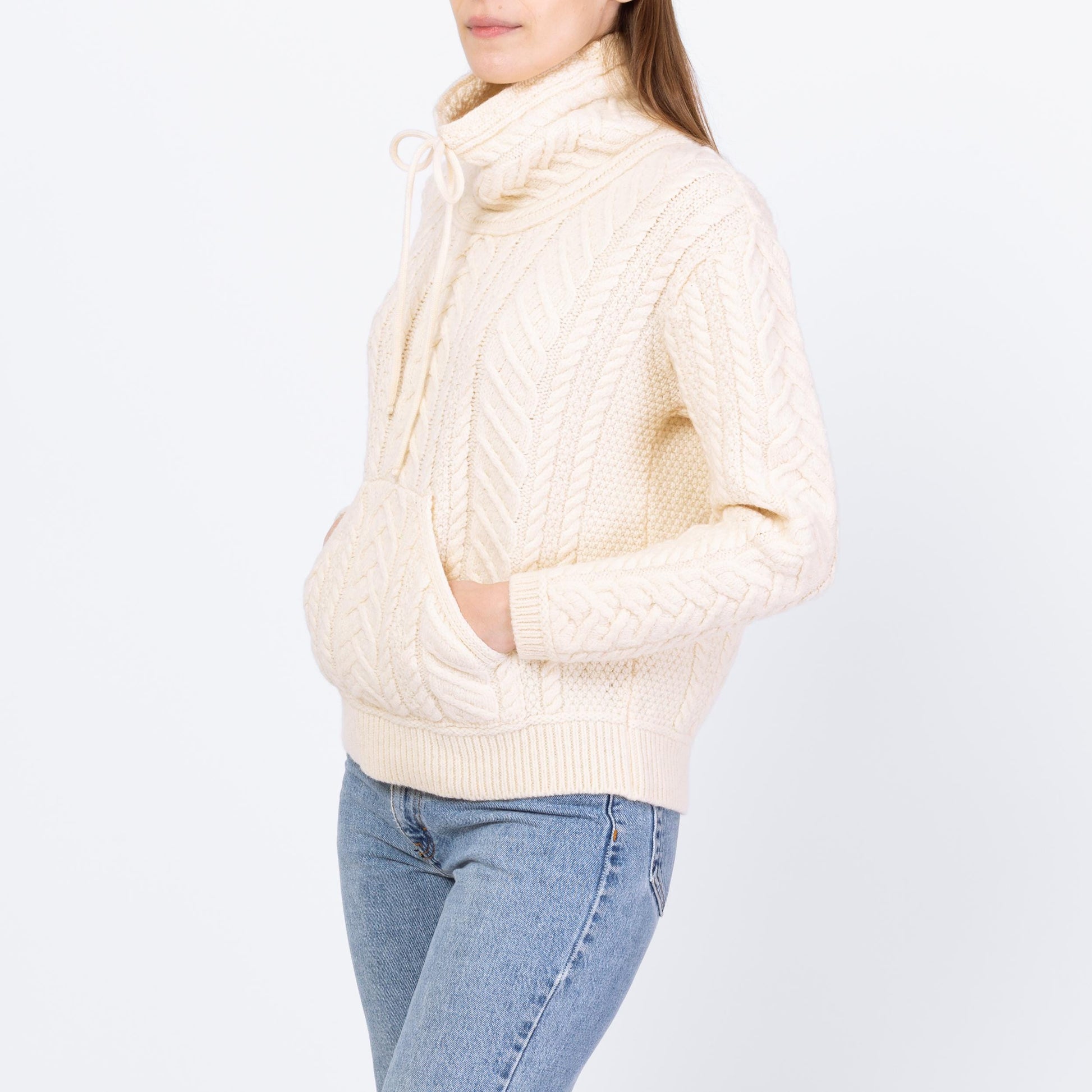 Vintage 90s Irish Merino Wool Funnel Neck Sweater - Small | Cream Chunky Cable Knit Fisherman Pullover