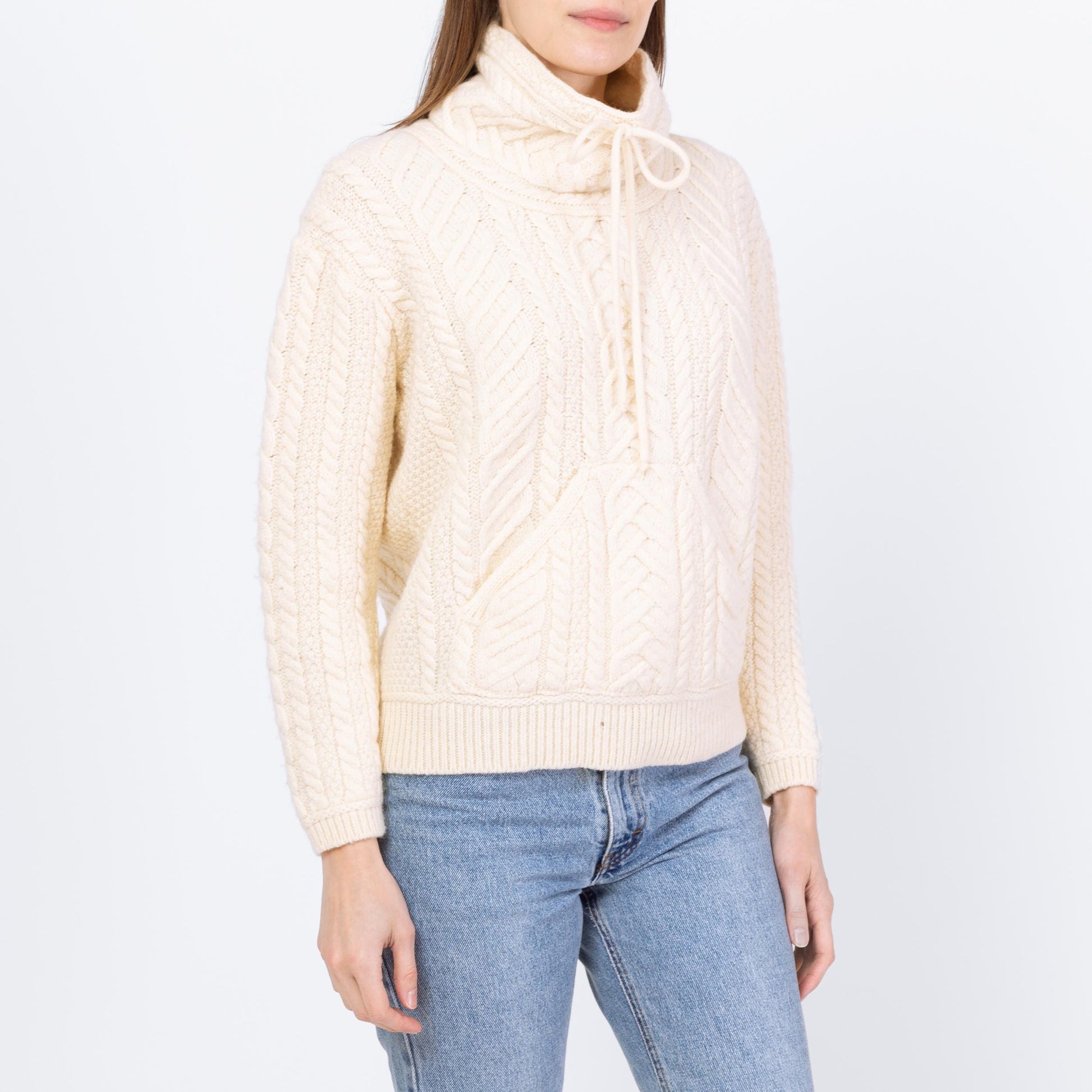 Vintage 90s Irish Merino Wool Funnel Neck Sweater - Small | Cream Chunky Cable Knit Fisherman Pullover