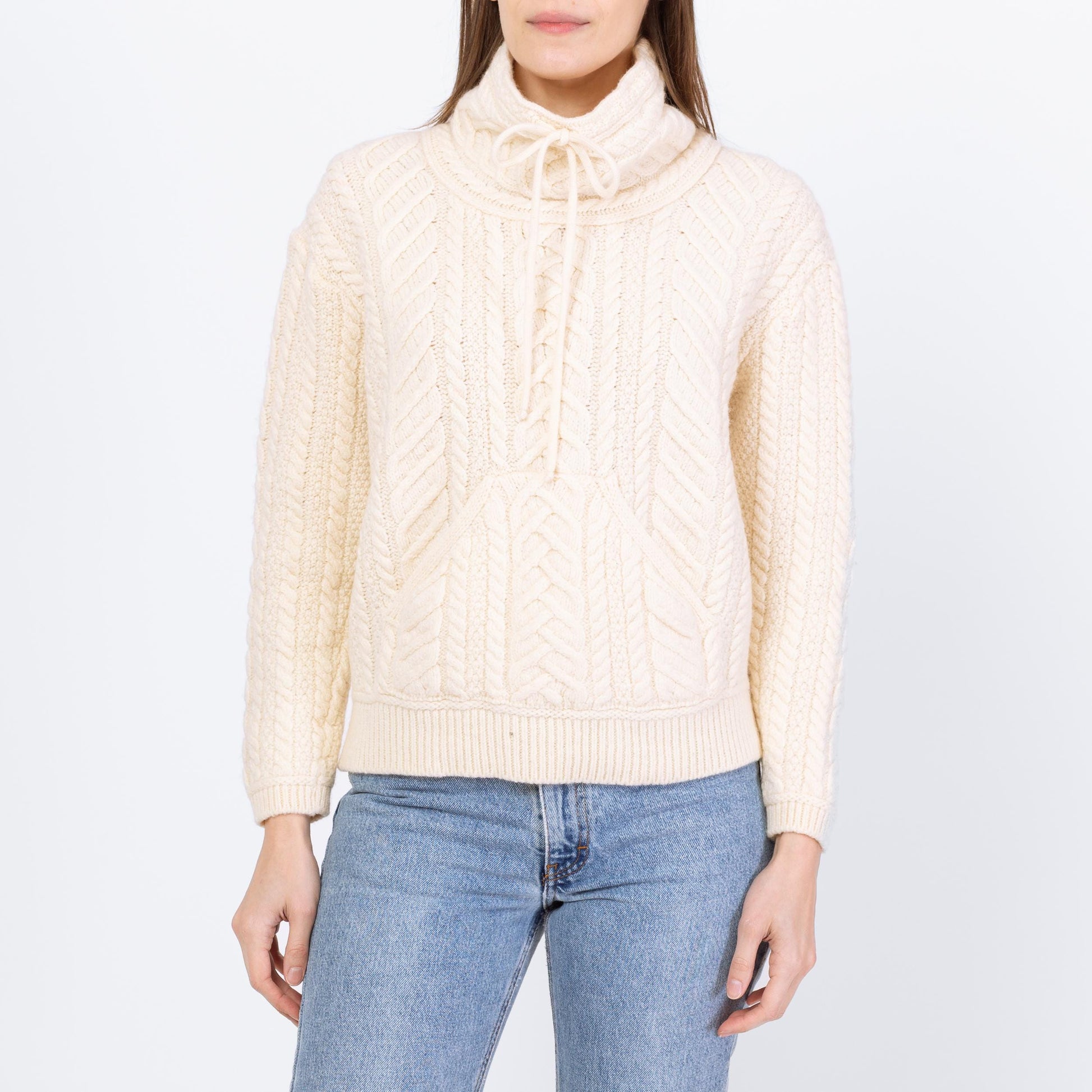Vintage 90s Irish Merino Wool Funnel Neck Sweater - Small | Cream Chunky Cable Knit Fisherman Pullover