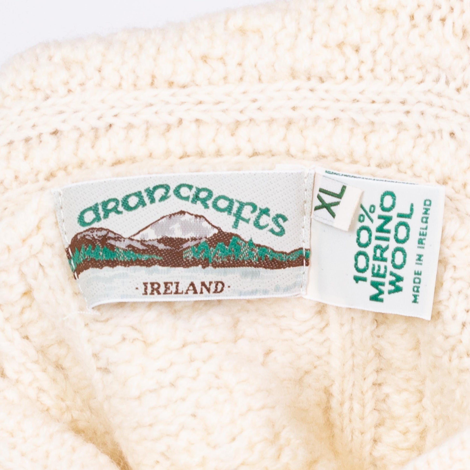 Vintage 90s Irish Merino Wool Funnel Neck Sweater - Small | Cream Chunky Cable Knit Fisherman Pullover