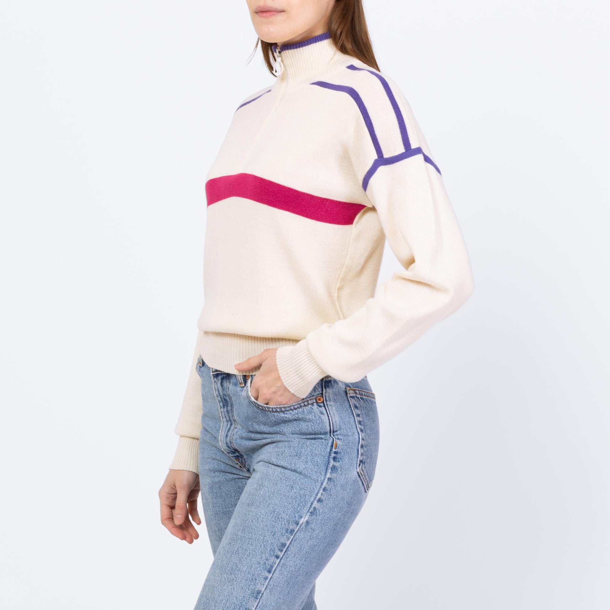 Vintage 80s Cream Striped Half Zip Cropped Ski Sweater - Small | Mountain Goat by White Sag Lightweight Wool Blend Pullover