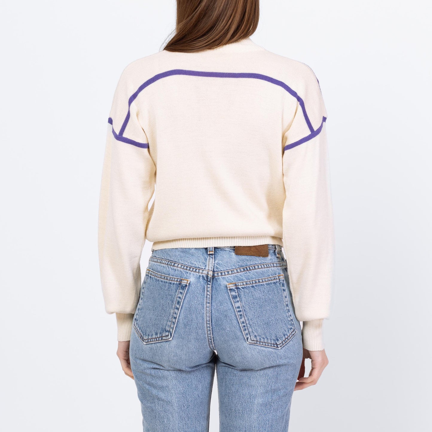 Vintage 80s Cream Striped Half Zip Cropped Ski Sweater - Small | Mountain Goat by White Sag Lightweight Wool Blend Pullover