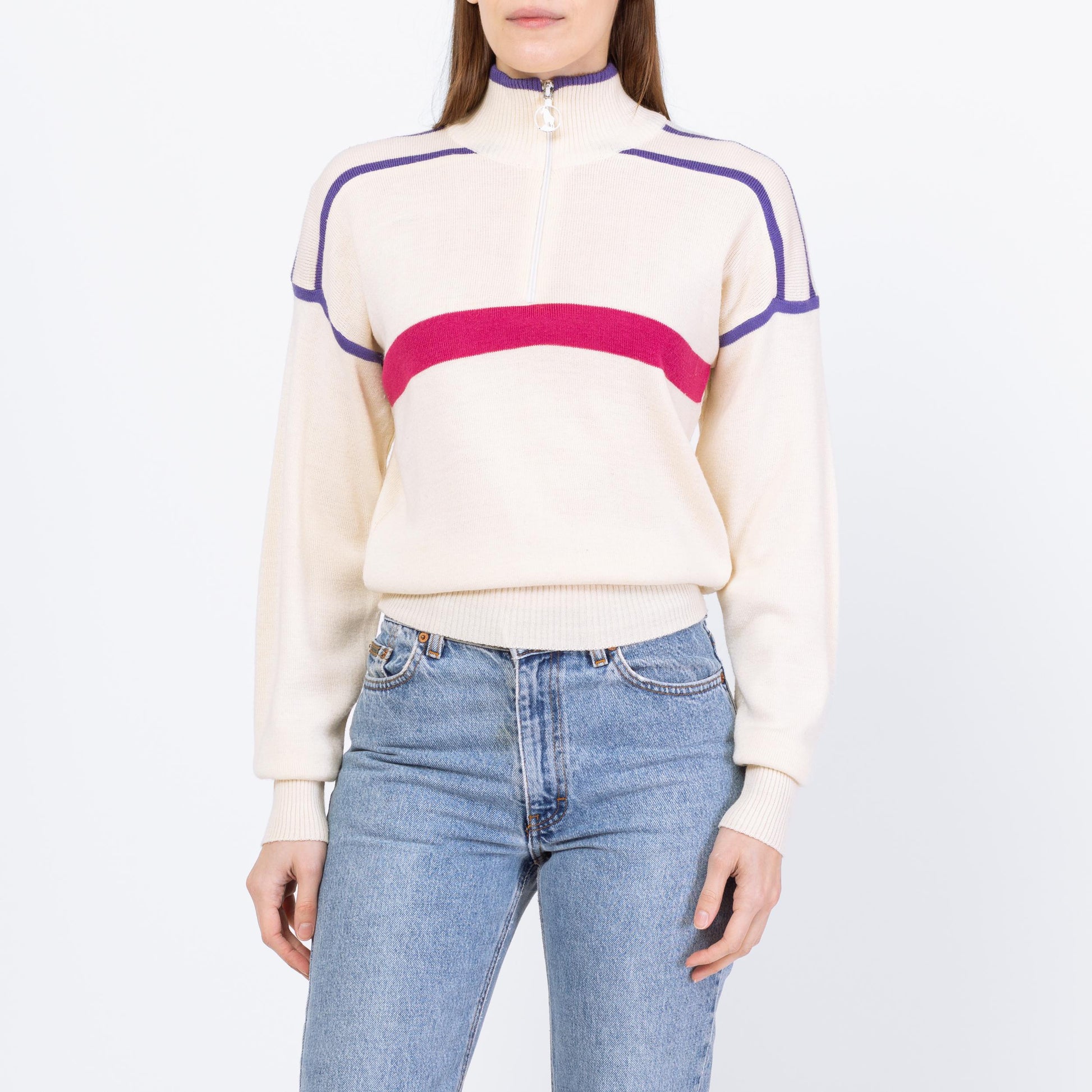 Vintage 80s Cream Striped Half Zip Cropped Ski Sweater - Small | Mountain Goat by White Sag Lightweight Wool Blend Pullover